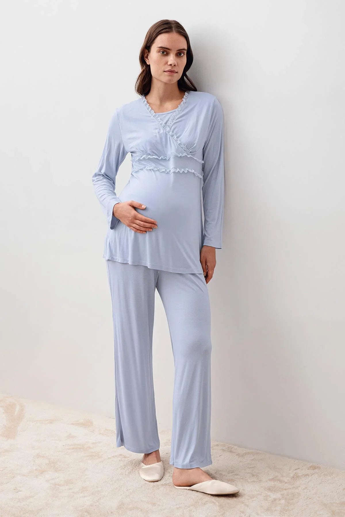 Uzun Kollu Dantelli Likralı Viskoz Hamile Sabahlık Pijama Takım 20300 - Artış Collection