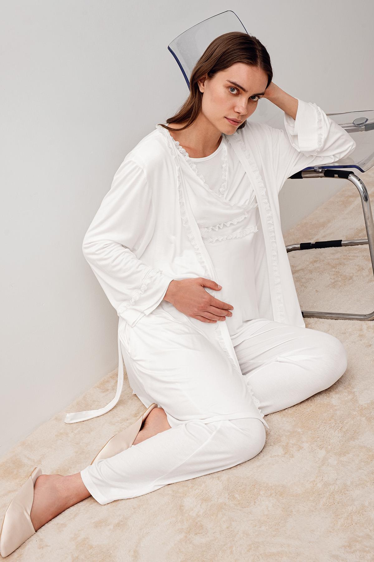 Uzun Kollu Dantelli Likralı Viskoz Hamile Sabahlık Pijama Takım 20301