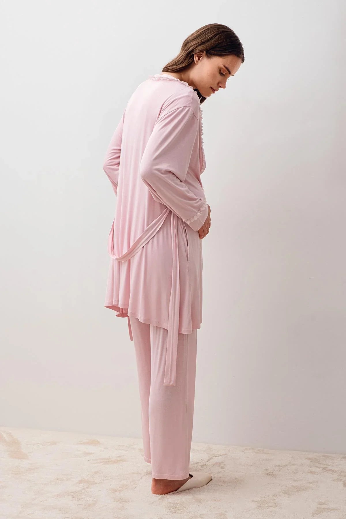 Uzun Kollu Dantelli Likralı Viskoz Hamile Sabahlık Pijama Takım 20300 - Artış Collection