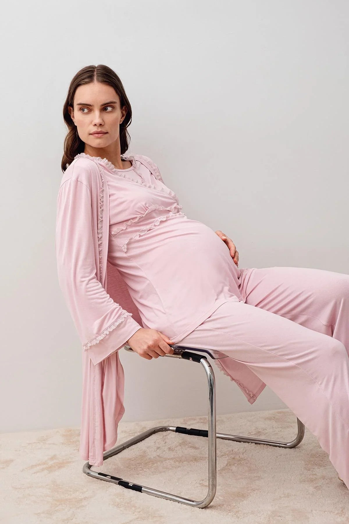 Uzun Kollu Dantelli Likralı Viskoz Hamile Sabahlık Pijama Takım 20300 - Artış Collection