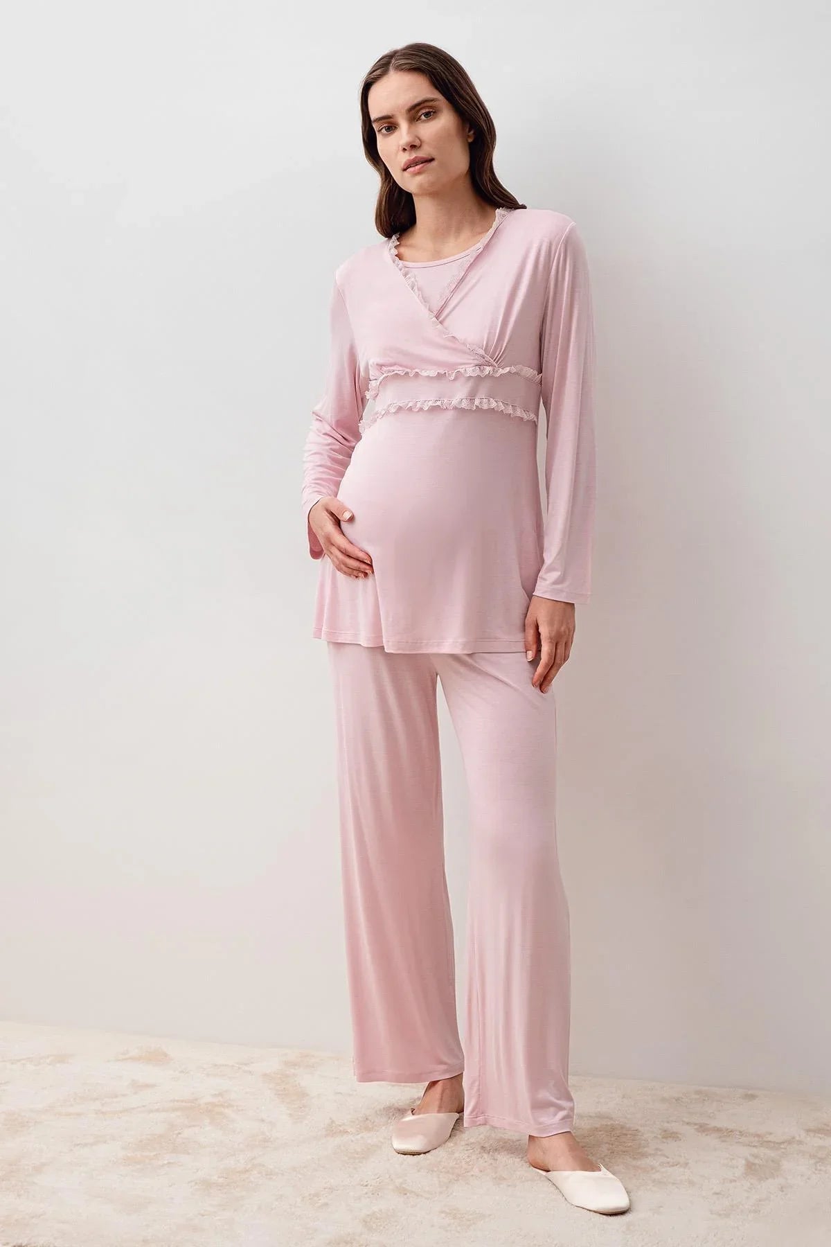 Uzun Kollu Dantelli Likralı Viskoz Hamile Sabahlık Pijama Takım 20300 - Artış Collection