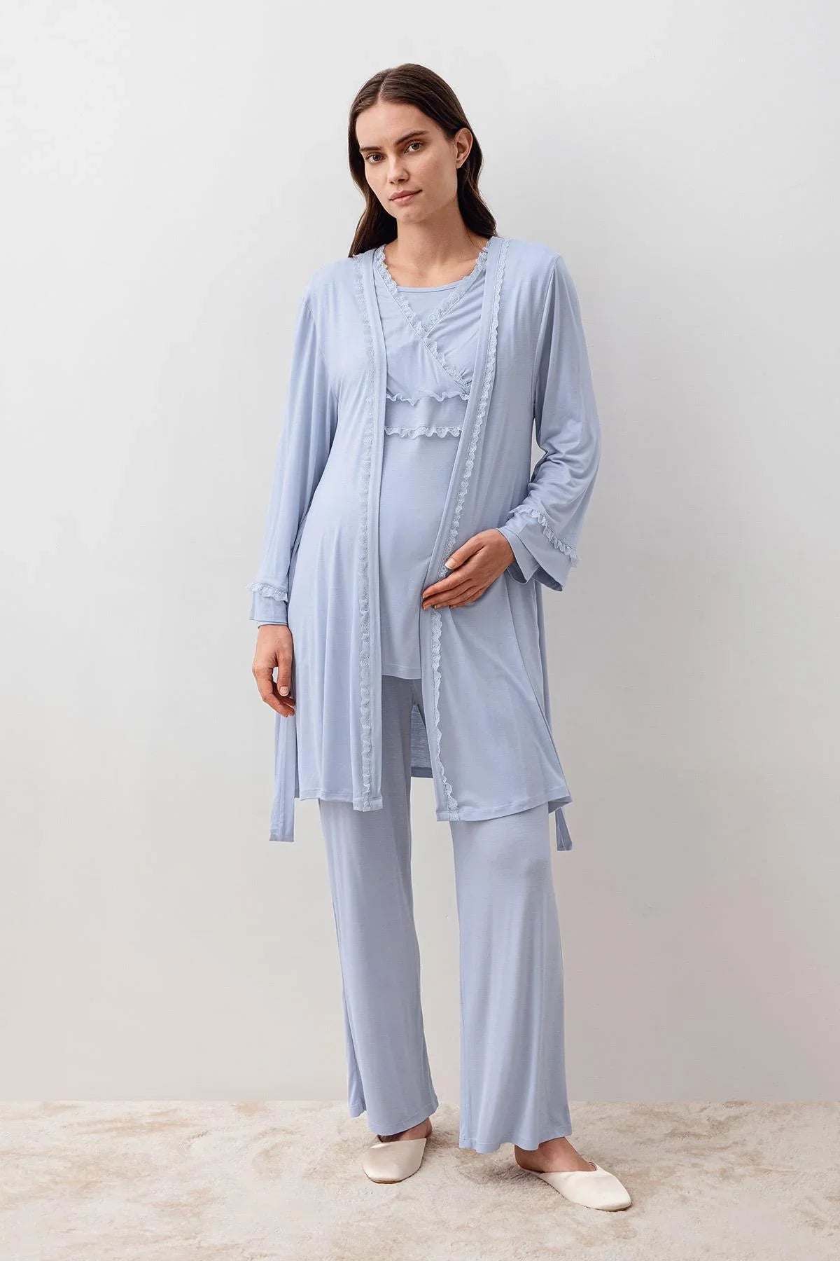 Uzun Kollu Dantelli Likralı Viskoz Hamile Sabahlık Pijama Takım 20300 - Artış Collection
