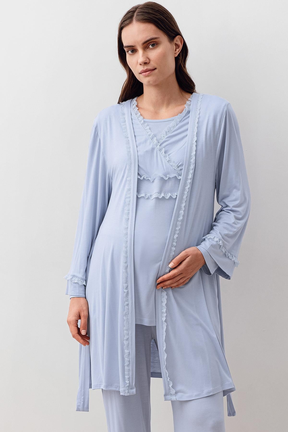 Uzun Kollu Dantelli Likralı Viskoz Hamile Sabahlık Pijama Takım 20301