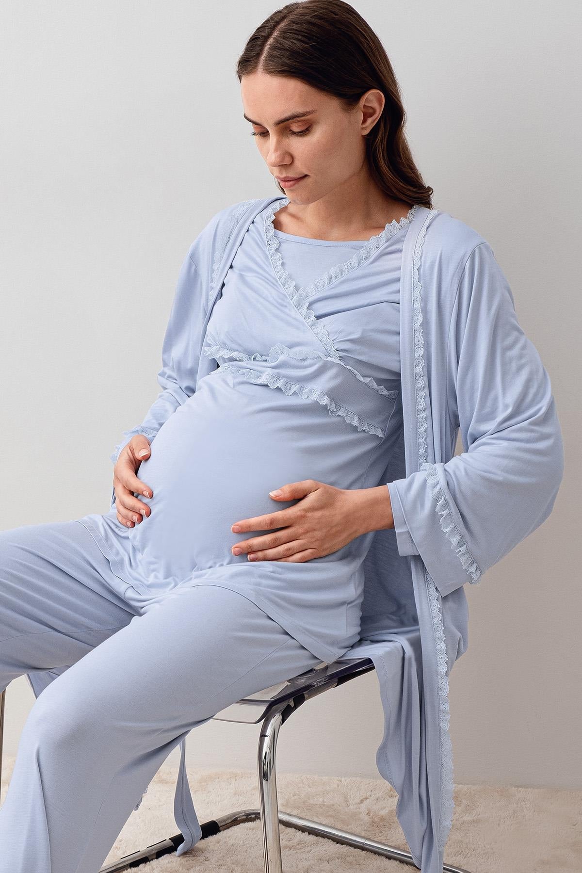 Uzun Kollu Dantelli Likralı Viskoz Hamile Sabahlık Pijama Takım 20301