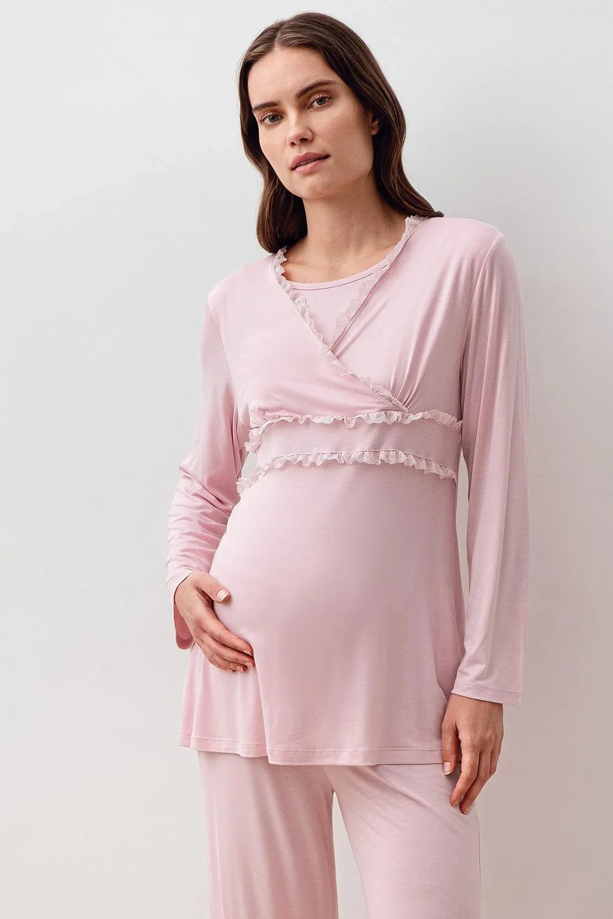 Uzun Kollu Dantelli Likralı Viskoz Hamile Sabahlık Pijama Takım 20300 - Artış Collection