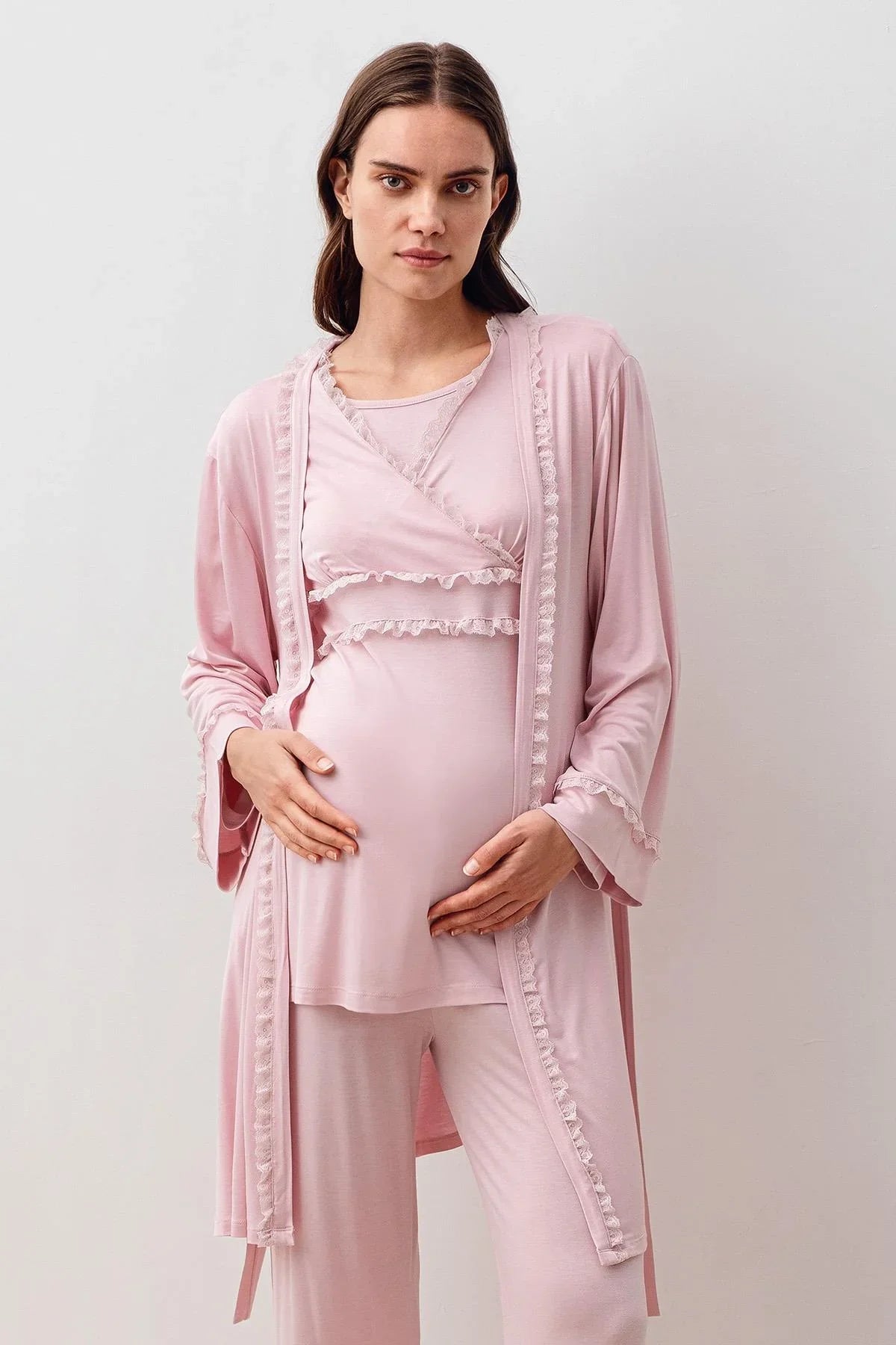 Uzun Kollu Dantelli Likralı Viskoz Hamile Sabahlık Pijama Takım 20300 - Artış Collection