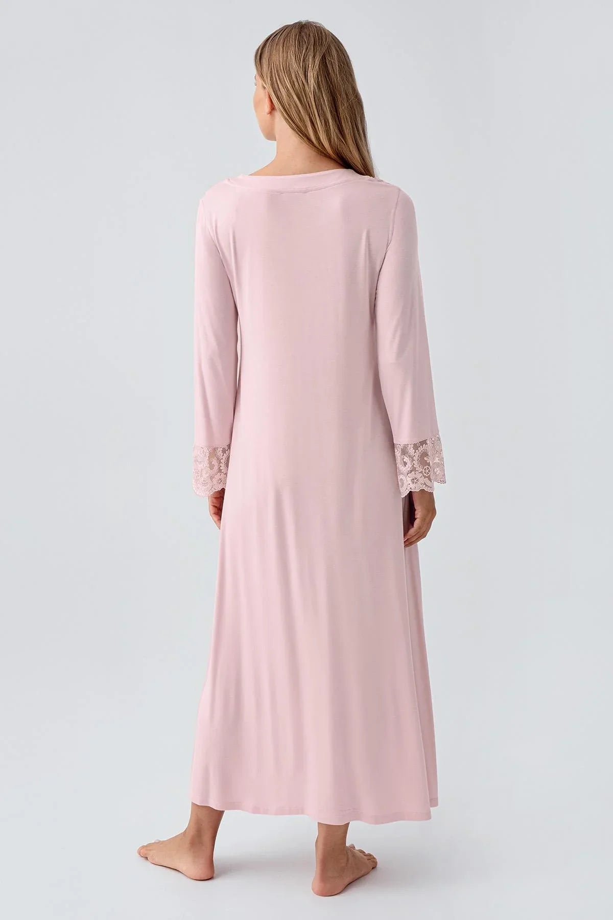 Uzun Kollu Dantelli Düğmeli Esnek Viskoz Gecelik 18105 - Artış Collection