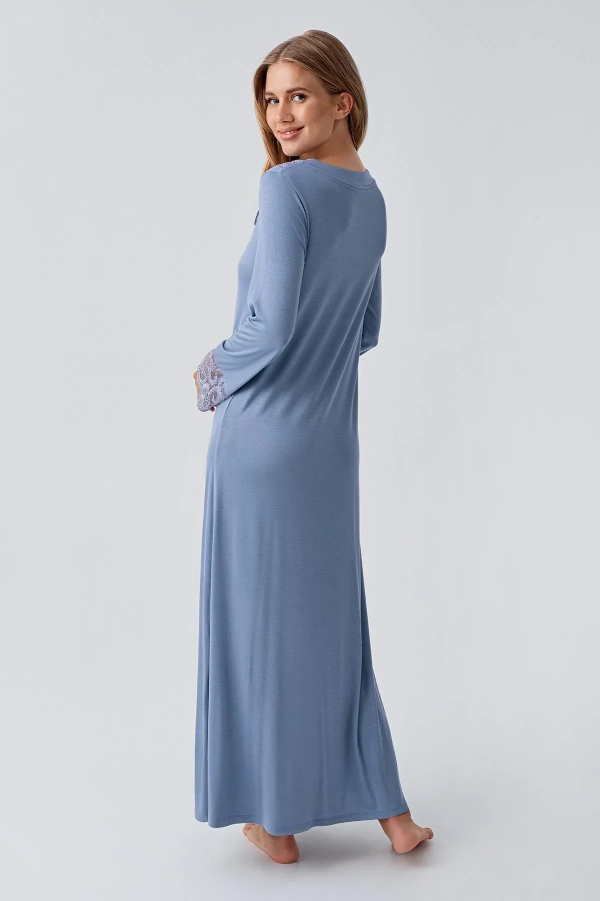 Uzun Kollu Dantelli Düğmeli Esnek Viskoz Gecelik 18105 - Artış Collection