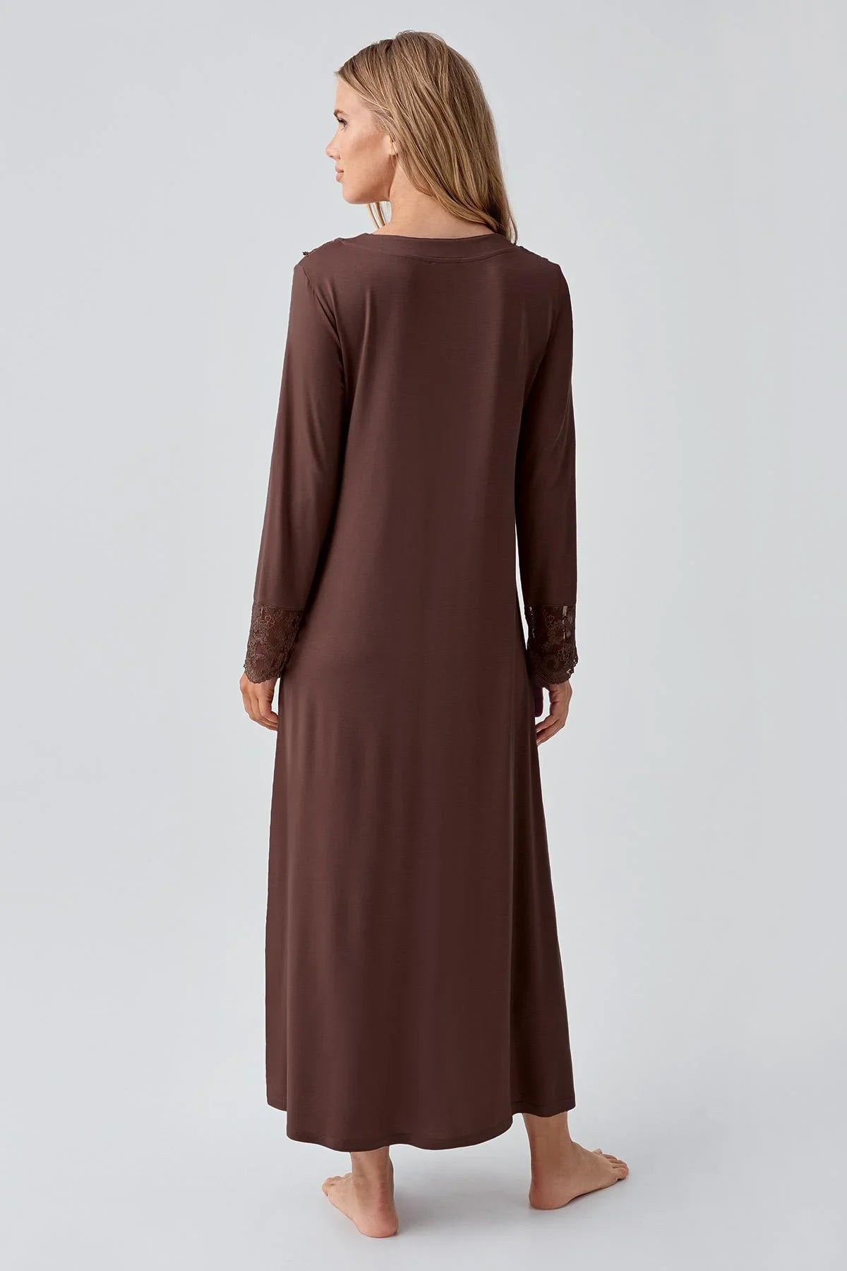 Uzun Kollu Dantelli Düğmeli Esnek Viskoz Gecelik 18105 - Artış Collection