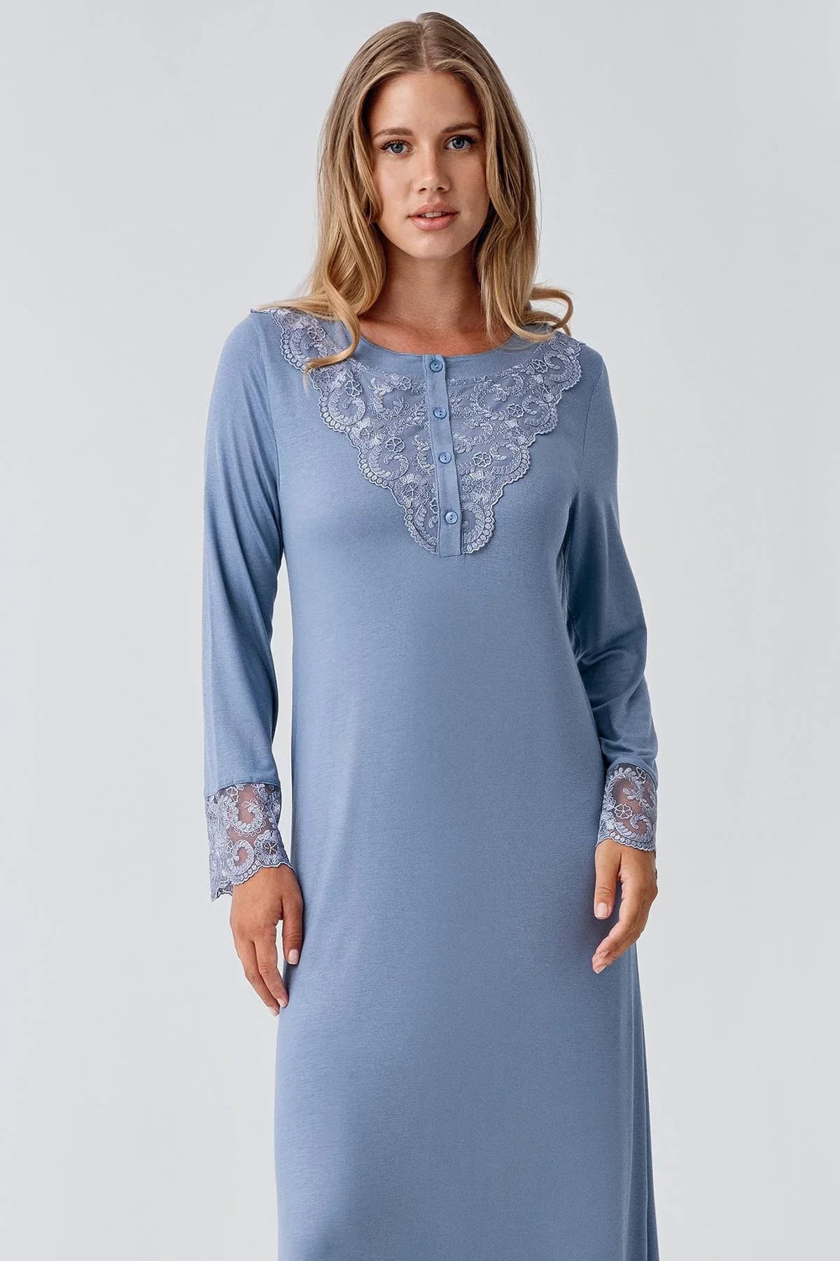 Uzun Kollu Dantelli Düğmeli Esnek Viskoz Gecelik 18105 - Artış Collection
