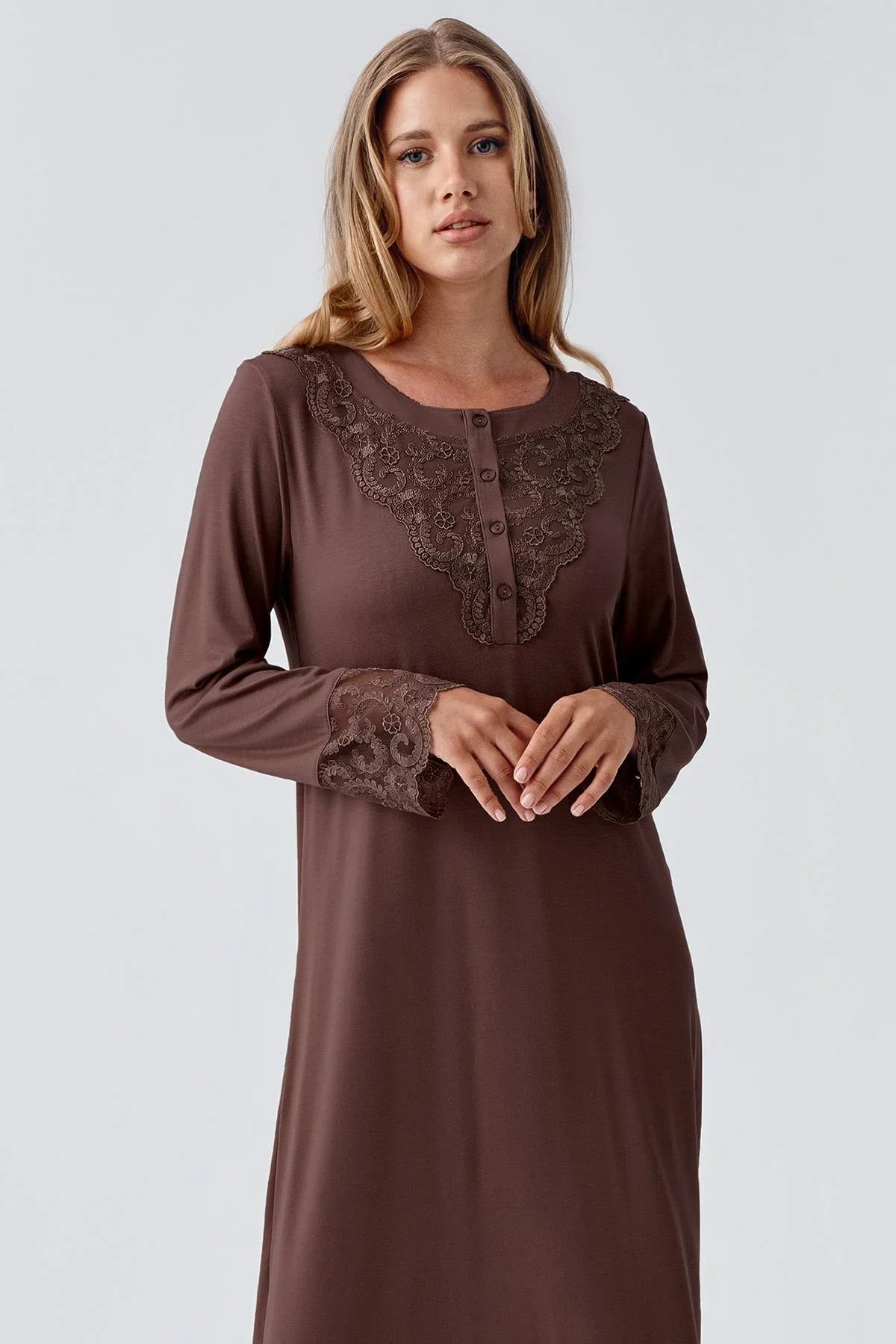 Uzun Kollu Dantelli Düğmeli Esnek Viskoz Gecelik 18105 - Artış Collection