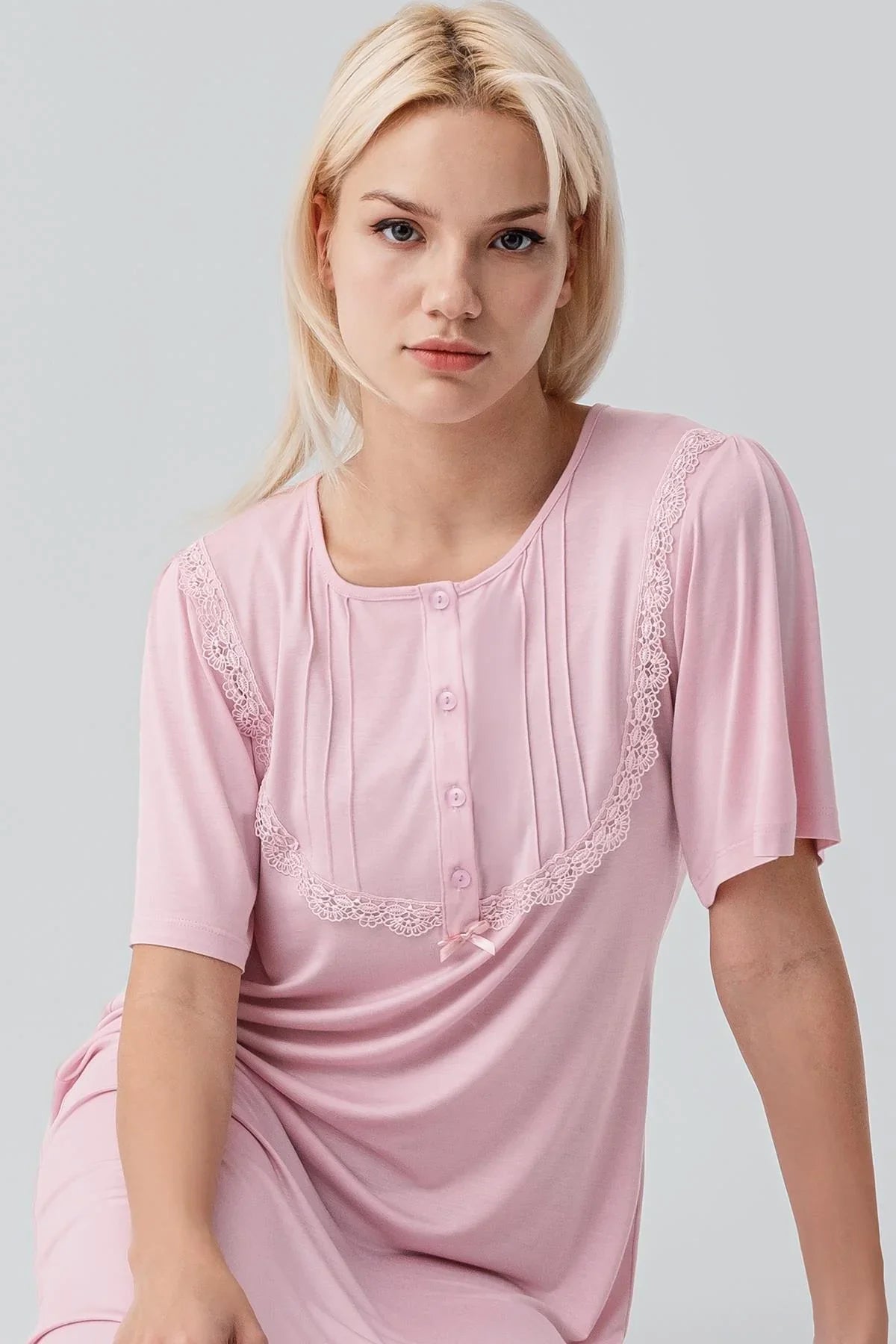 Kısa Kollu Düğmeli Uzun Esnek Viskoz Gecelik 19109