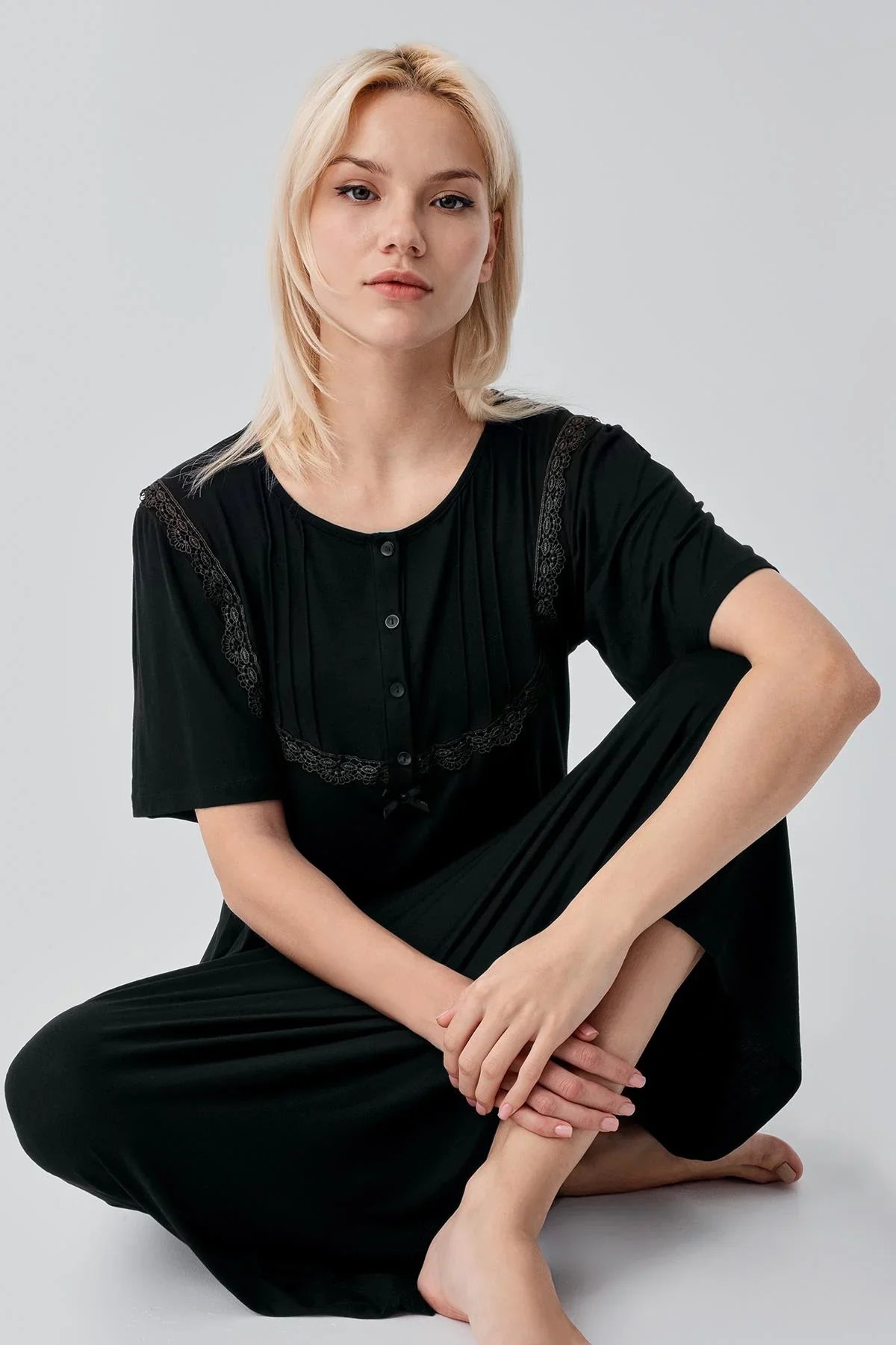 Kısa Kollu Düğmeli Uzun Esnek Viskoz Gecelik 19109