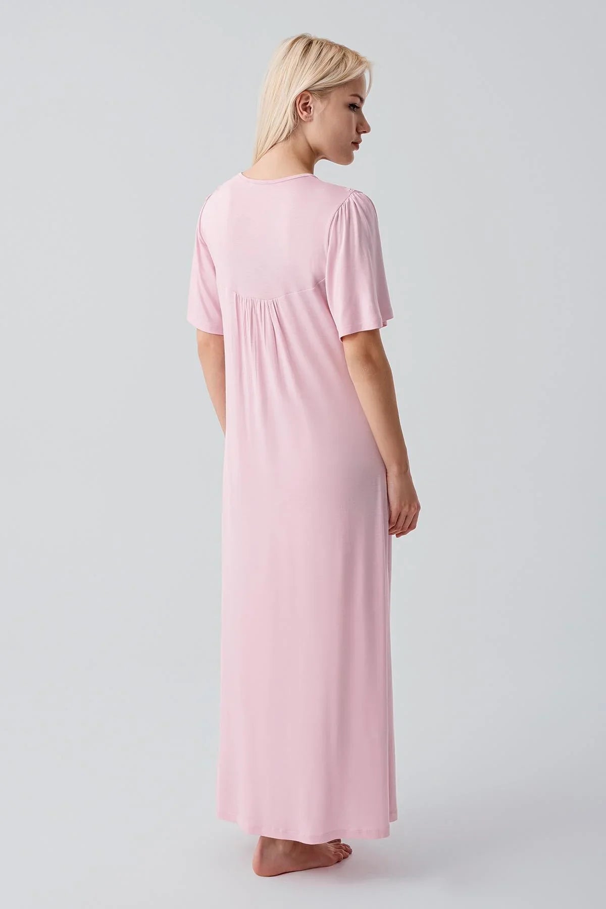 Kısa Kollu Düğmeli Uzun Esnek Viskoz Gecelik 19109