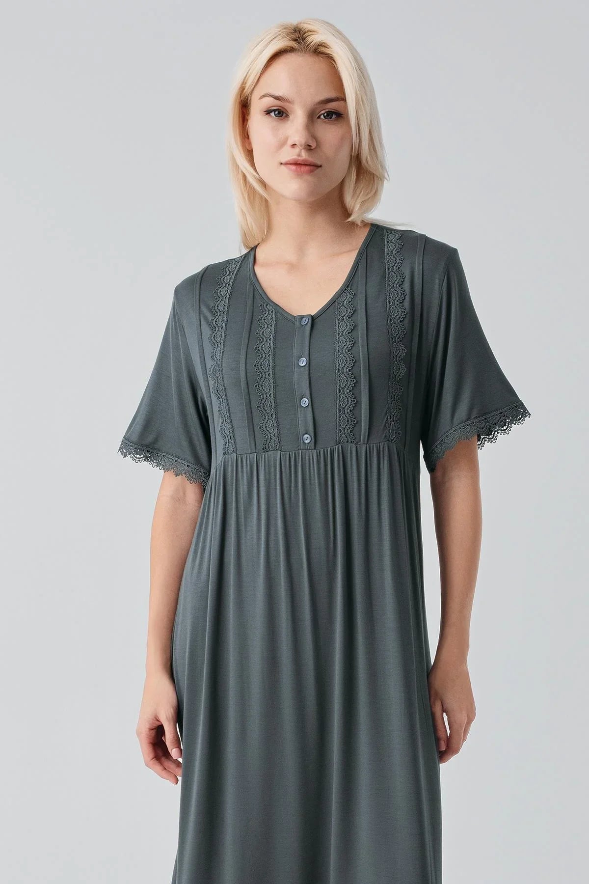 Short Sleeve Lace Long Comfortable Flexible Viscose Nightgown 19104