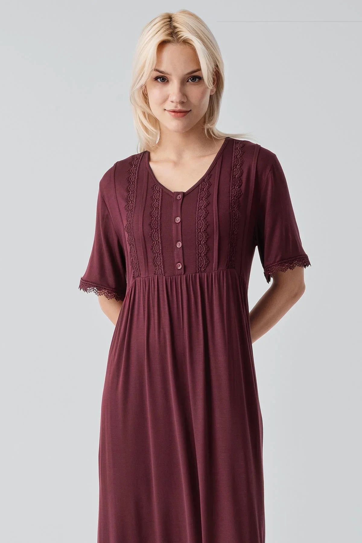 Short Sleeve Lace Long Comfortable Flexible Viscose Nightgown 19104