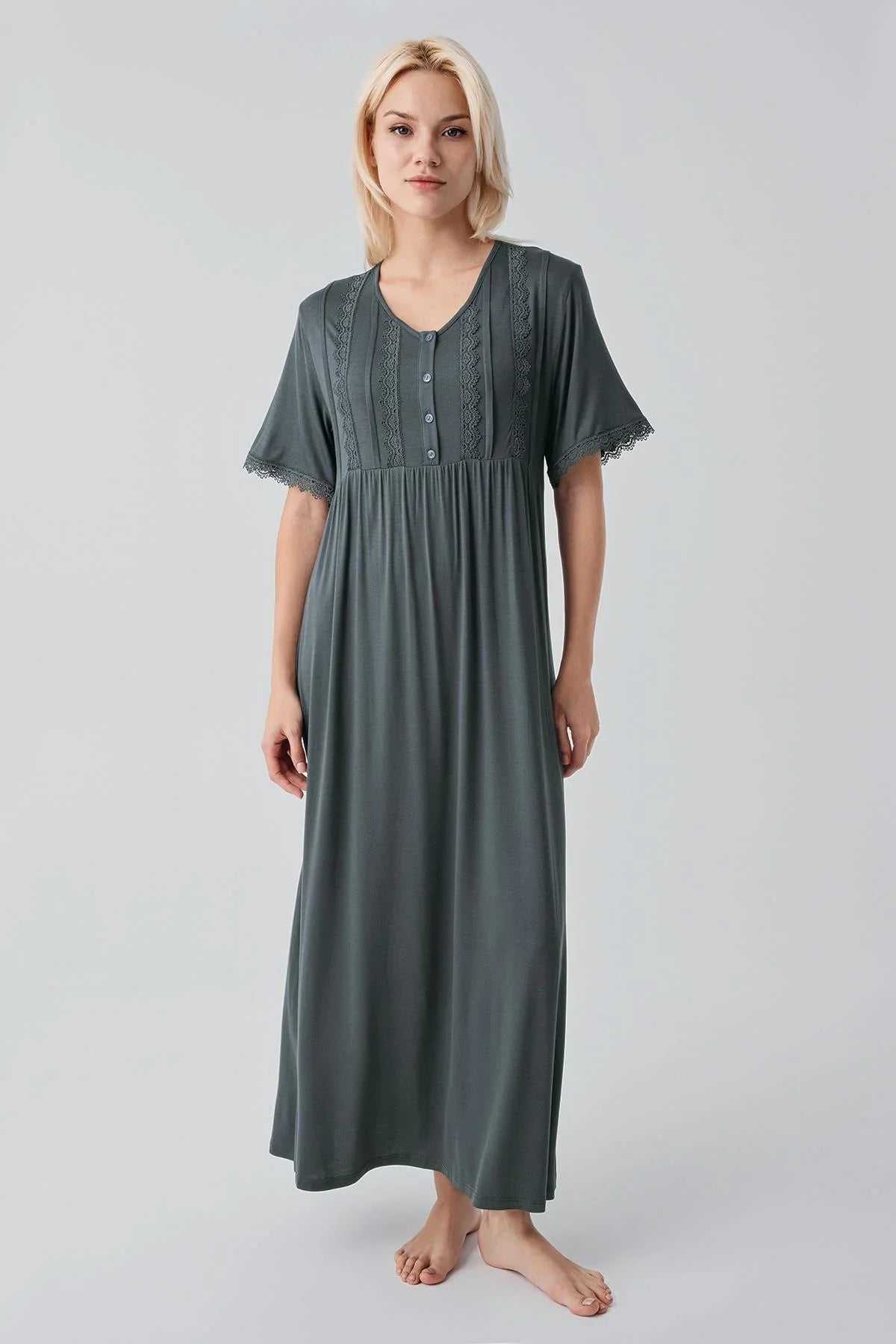 Short Sleeve Lace Long Comfortable Flexible Viscose Nightgown 19104