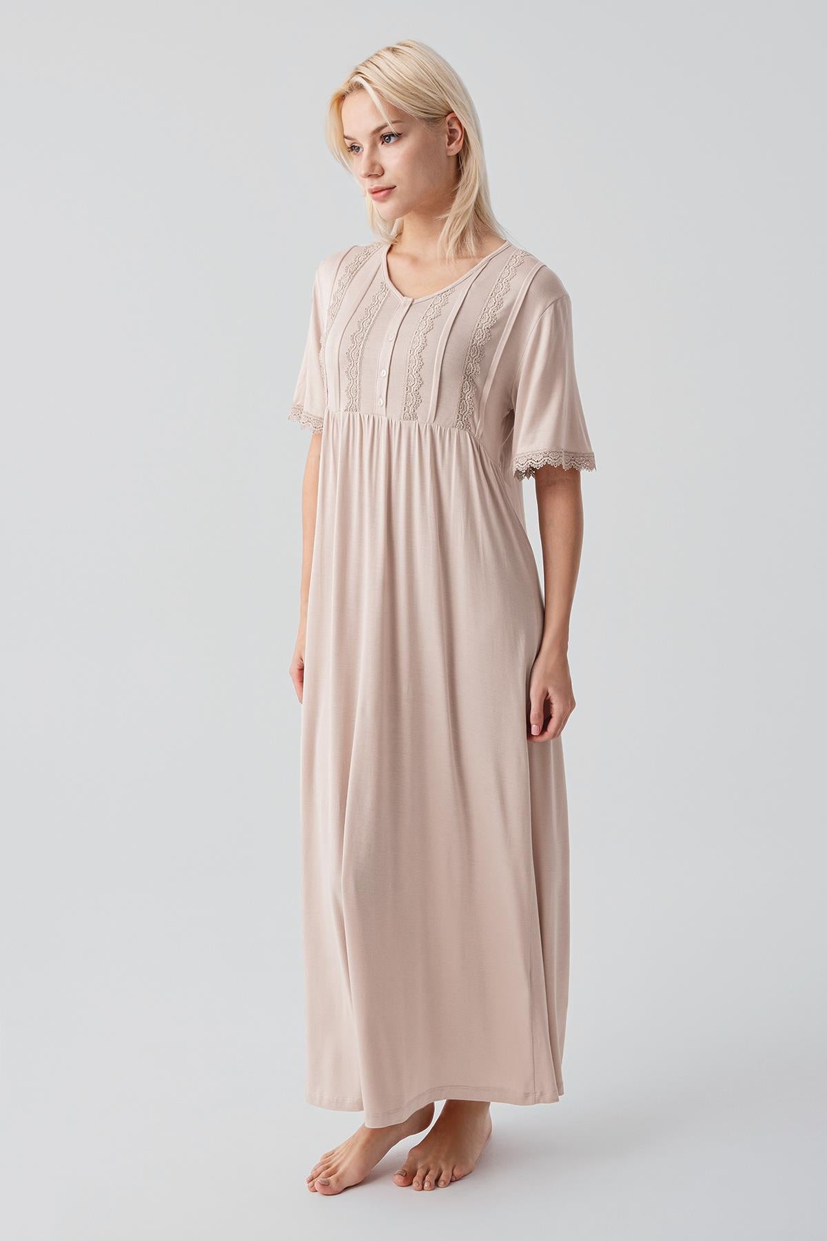 Kısa Kollu Dantelli Uzun Rahat Esnek Viskoz Gecelik 19104