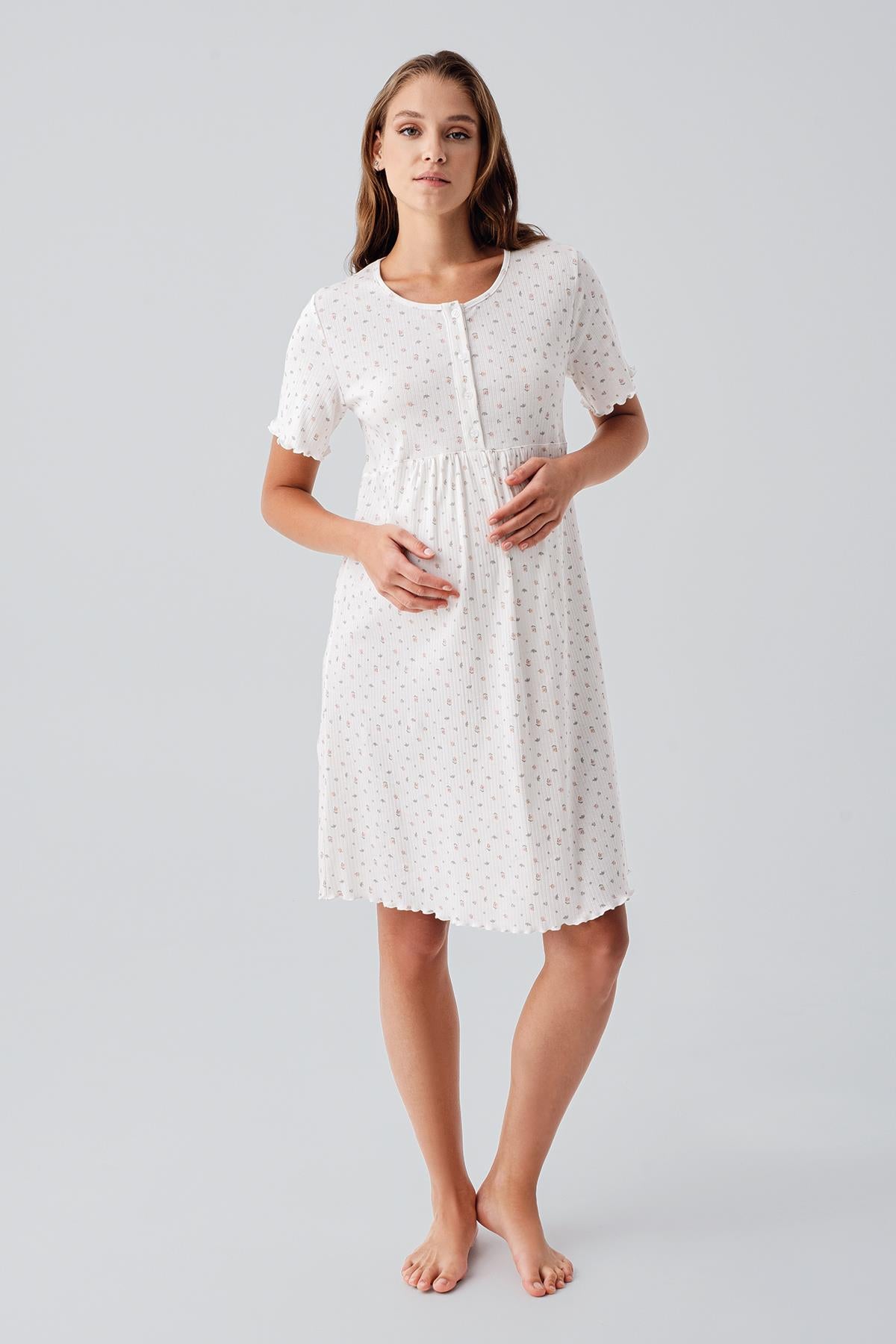 Kısa Kollu Düğmeli Çiçek Desenli Esnek Pamuklu Hamile Gecelik 19106 - Artış Collection