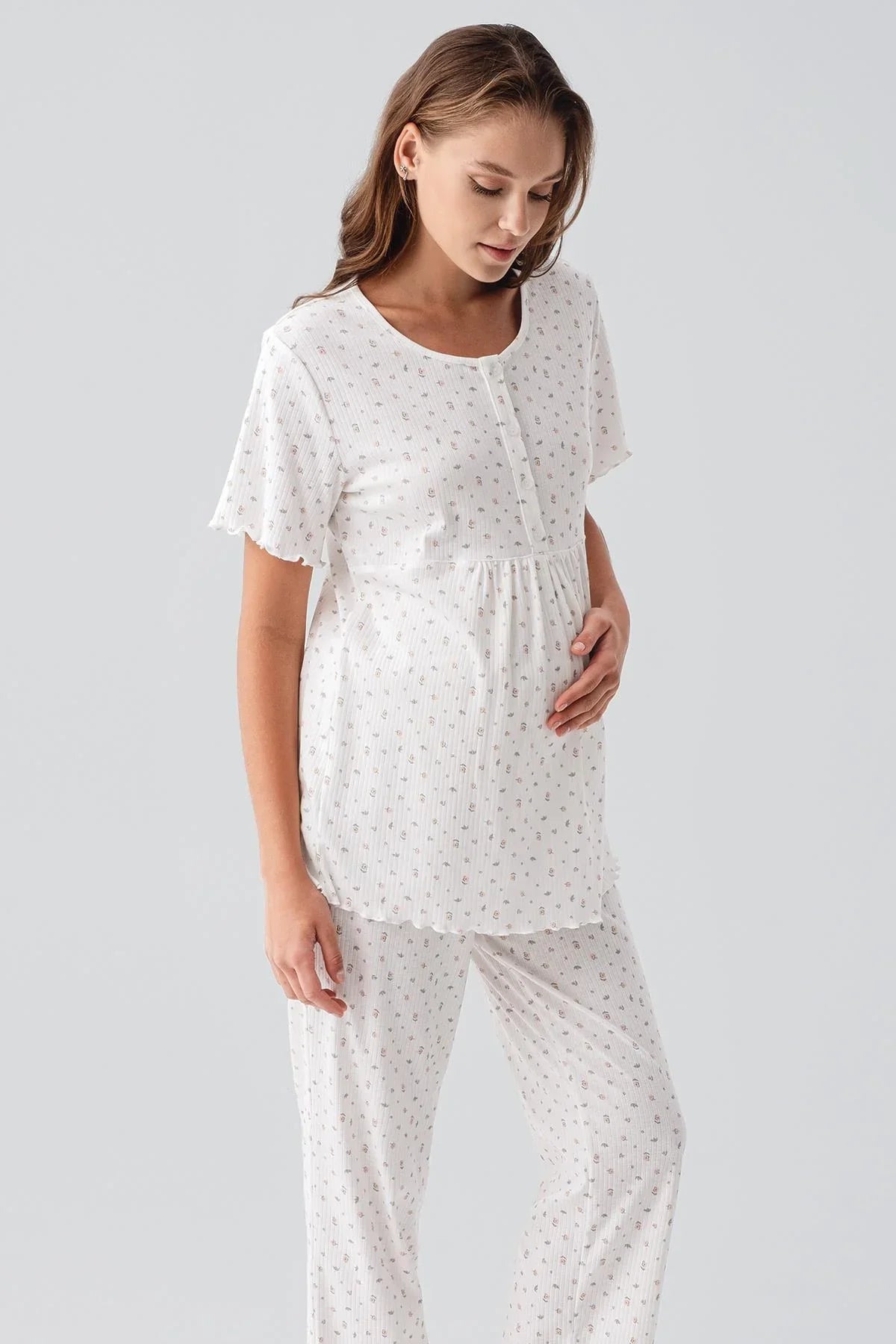 Kısa Kollu Düğmeli Çiçek Desenli %100 Pamuk Hamile Pijama Takım 19206