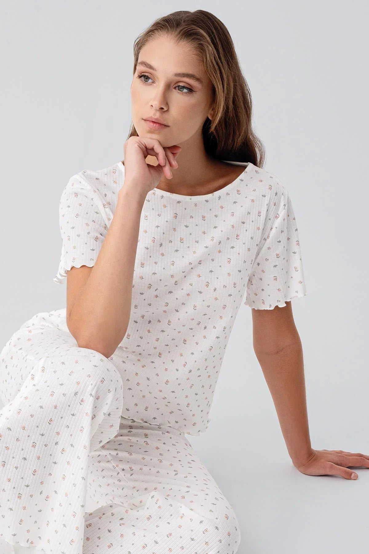 Short-Sleeved Floral Patterned 100% Cotton Pajama Set 19205