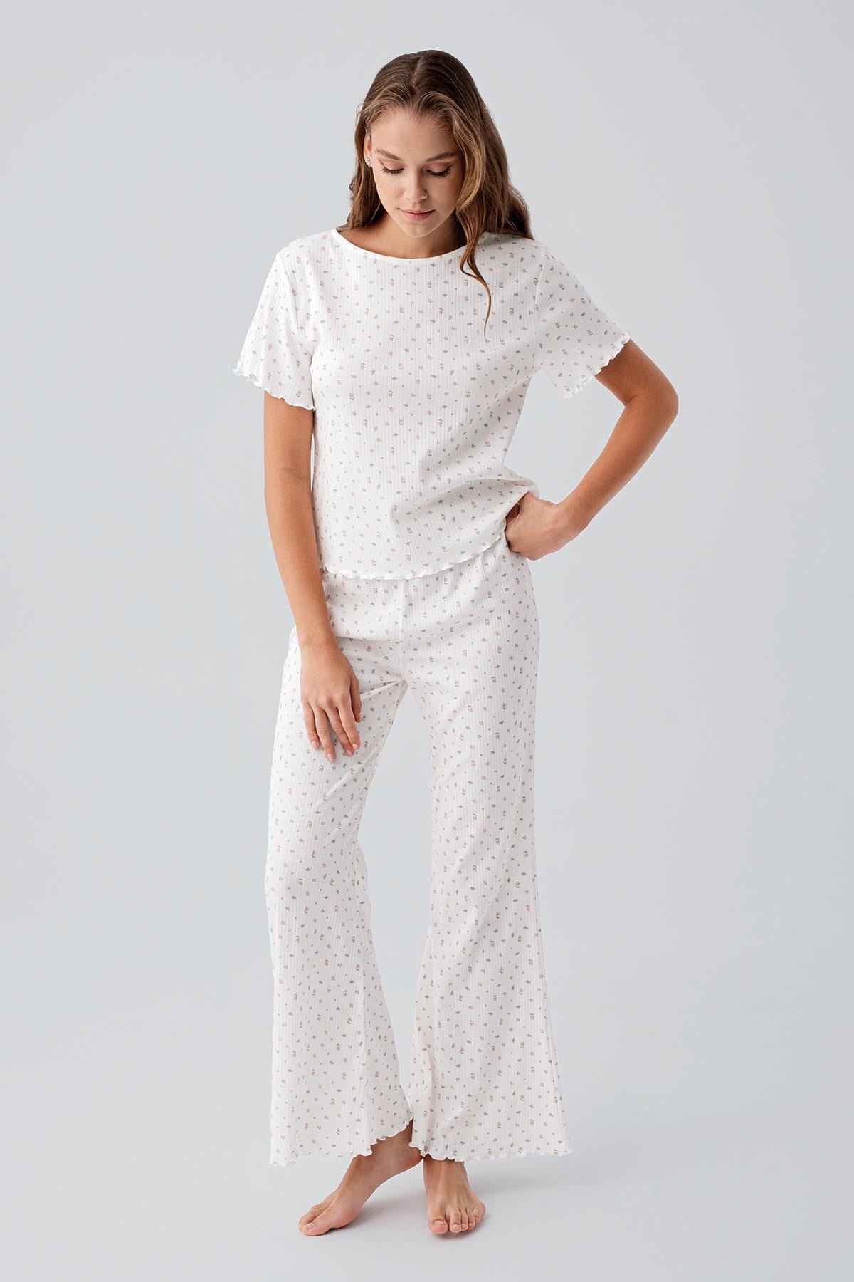 Kısa Kollu Çiçek Desenli %100 Pamuk Pijama Takım 19205