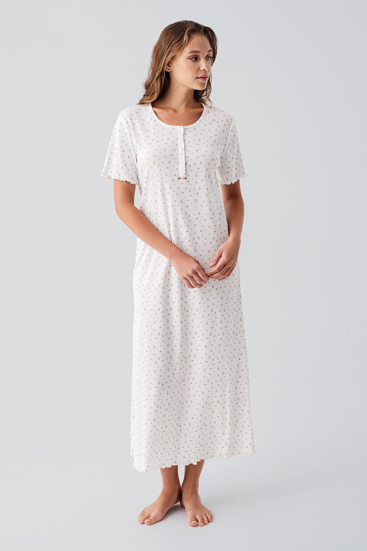 Kısa Kollu Düğmeli Çiçek Desenli Uzun Esnek Pamuklu Gecelik 19103 - Artış Collection