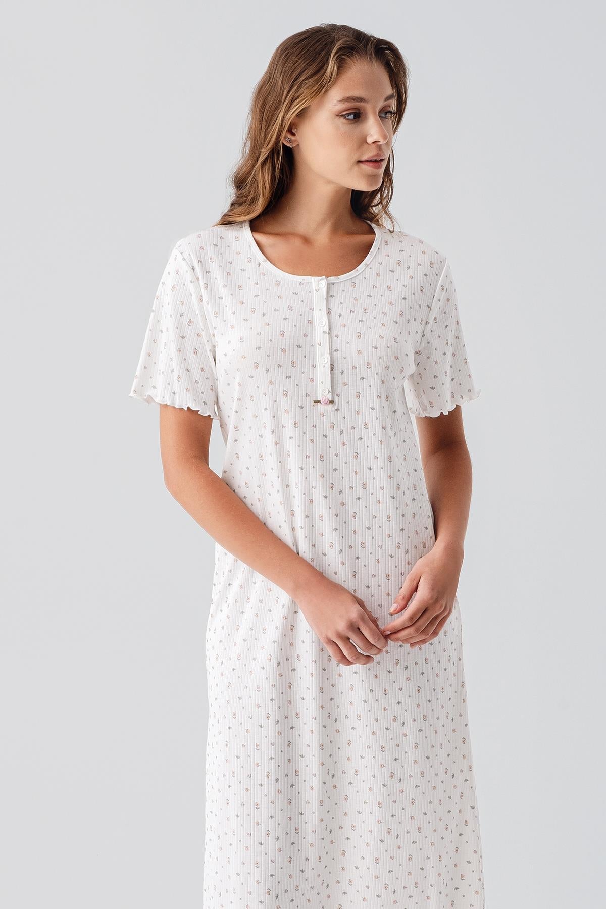 Kısa Kollu Düğmeli Çiçek Desenli Uzun Esnek Pamuklu Gecelik 19103 - Artış Collection