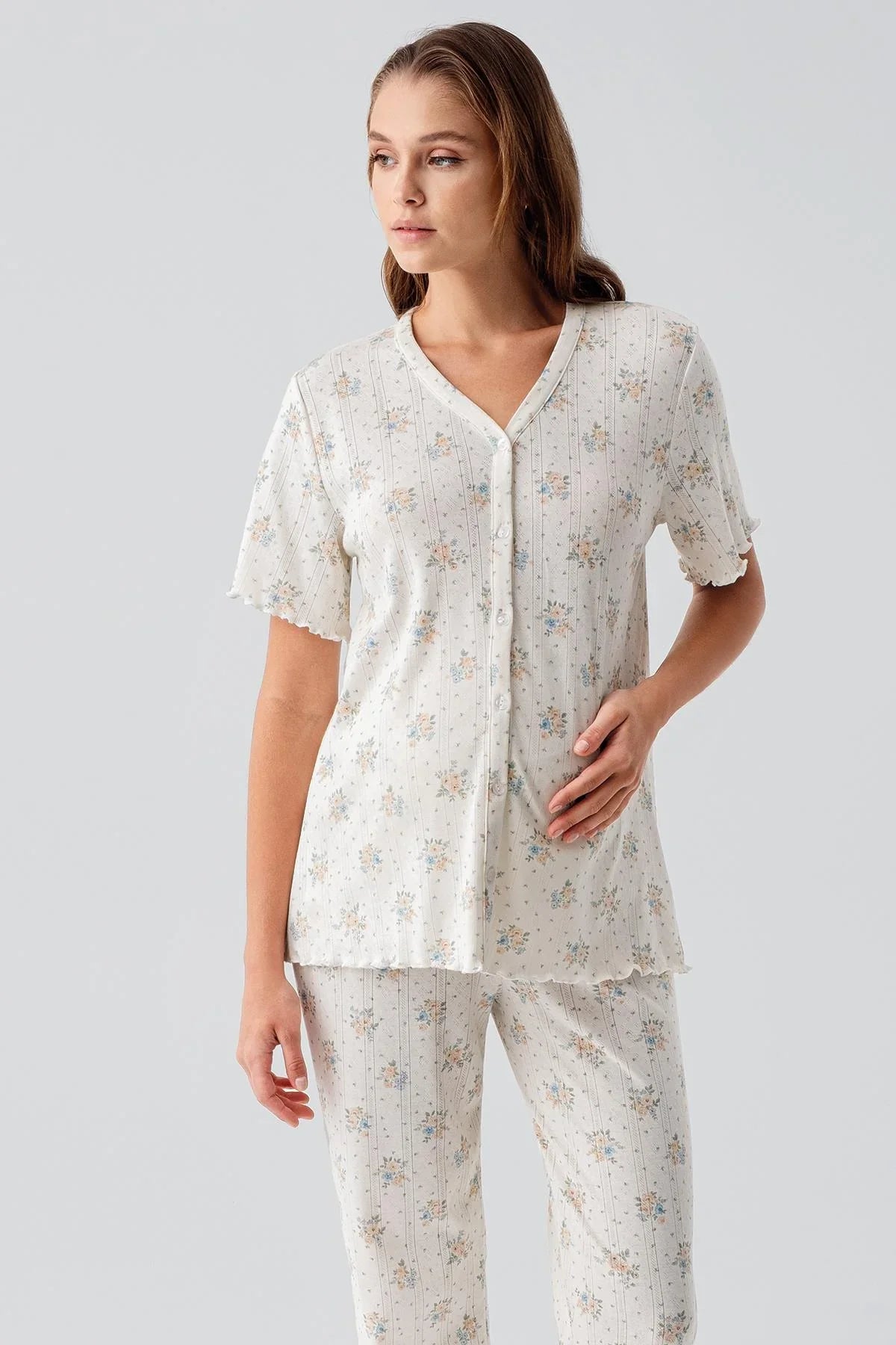 Kısa Kollu Düğmeli Çiçek Desenli Ajurlu %100 Pamuk Hamile Pijama Takım 19203 - Artış Collection