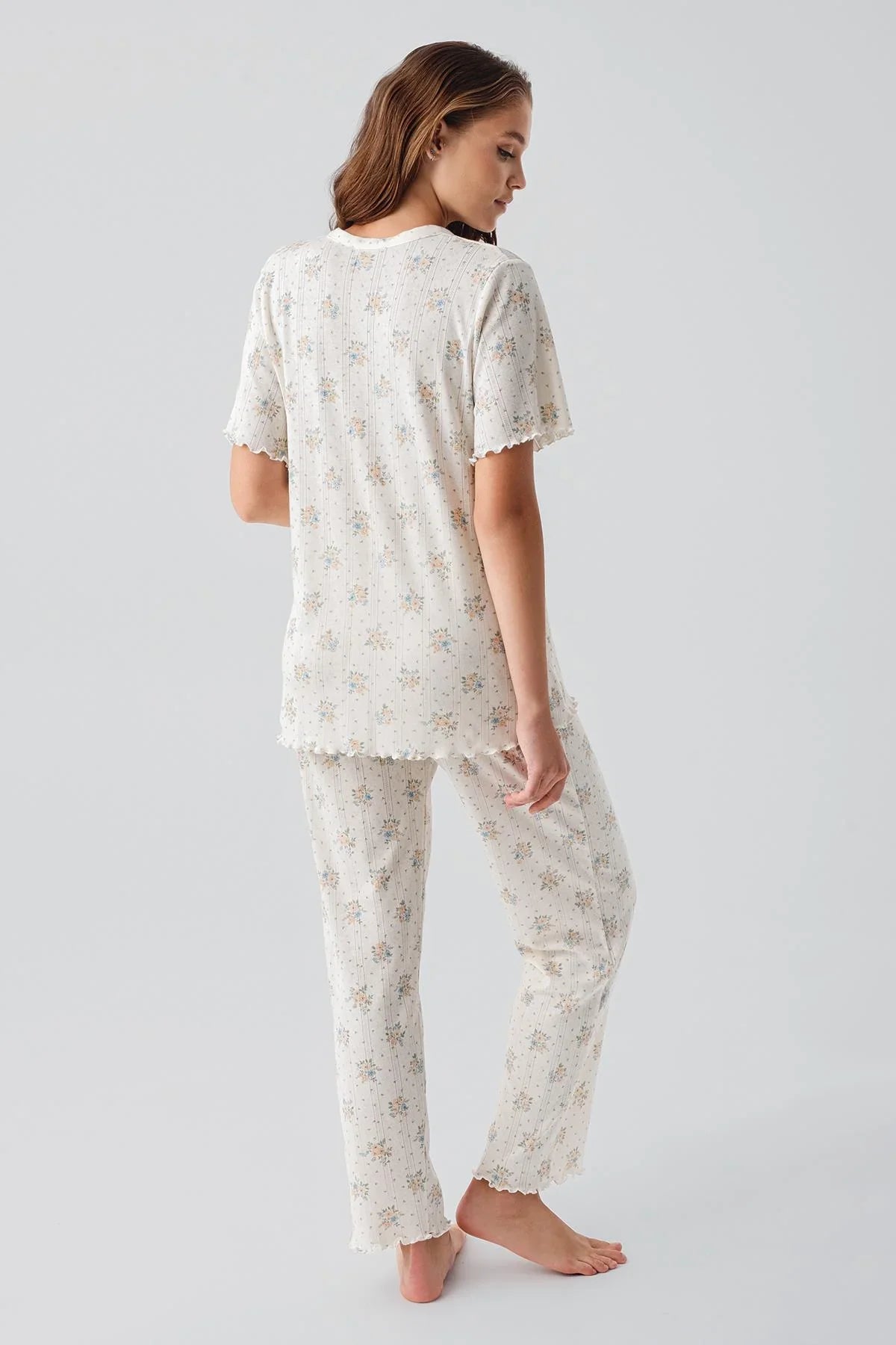 Kısa Kollu Düğmeli Çiçek Desenli Ajurlu %100 Pamuk Hamile Pijama Takım 19203 - Artış Collection