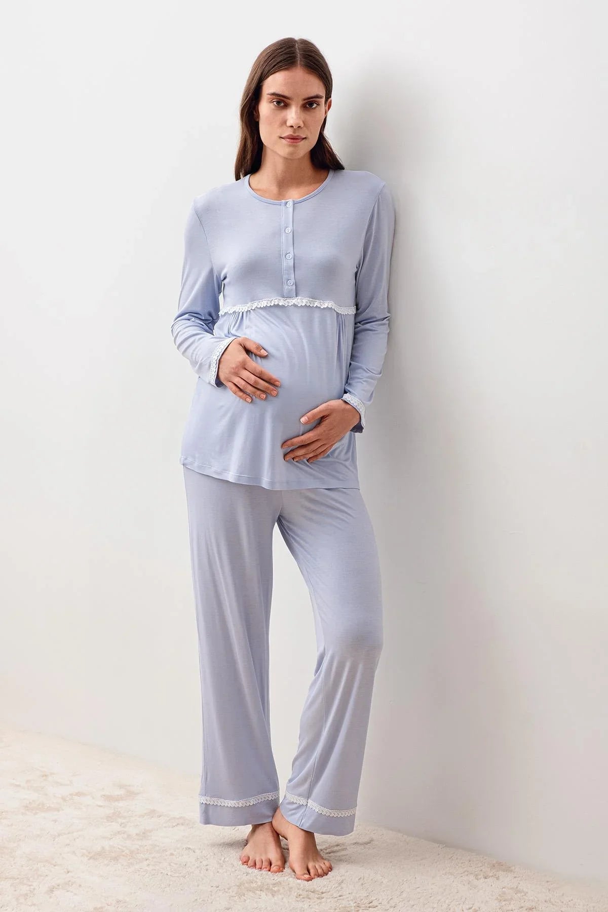 Uzun Kollu Düğmeli Desenli Likralı Viskoz Hamile Sabahlık Pijama Takım 20300 - Artış Collection