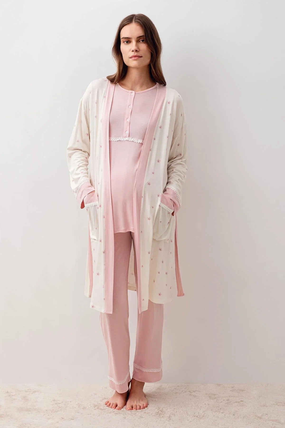 Uzun Kollu Düğmeli Desenli Likralı Viskoz Hamile Sabahlık Pijama Takım 20300 - Artış Collection