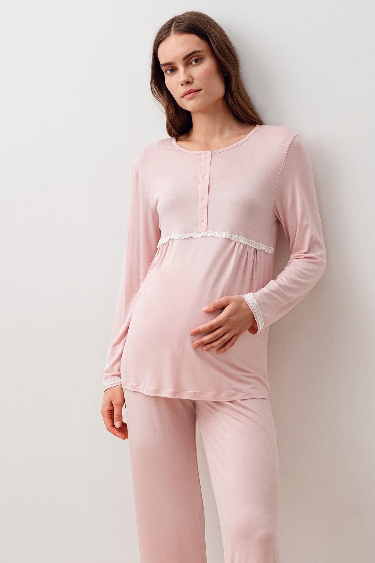 Uzun Kollu Desenli Likralı Viskoz Hamile Sabahlık Pijama Takım 20300