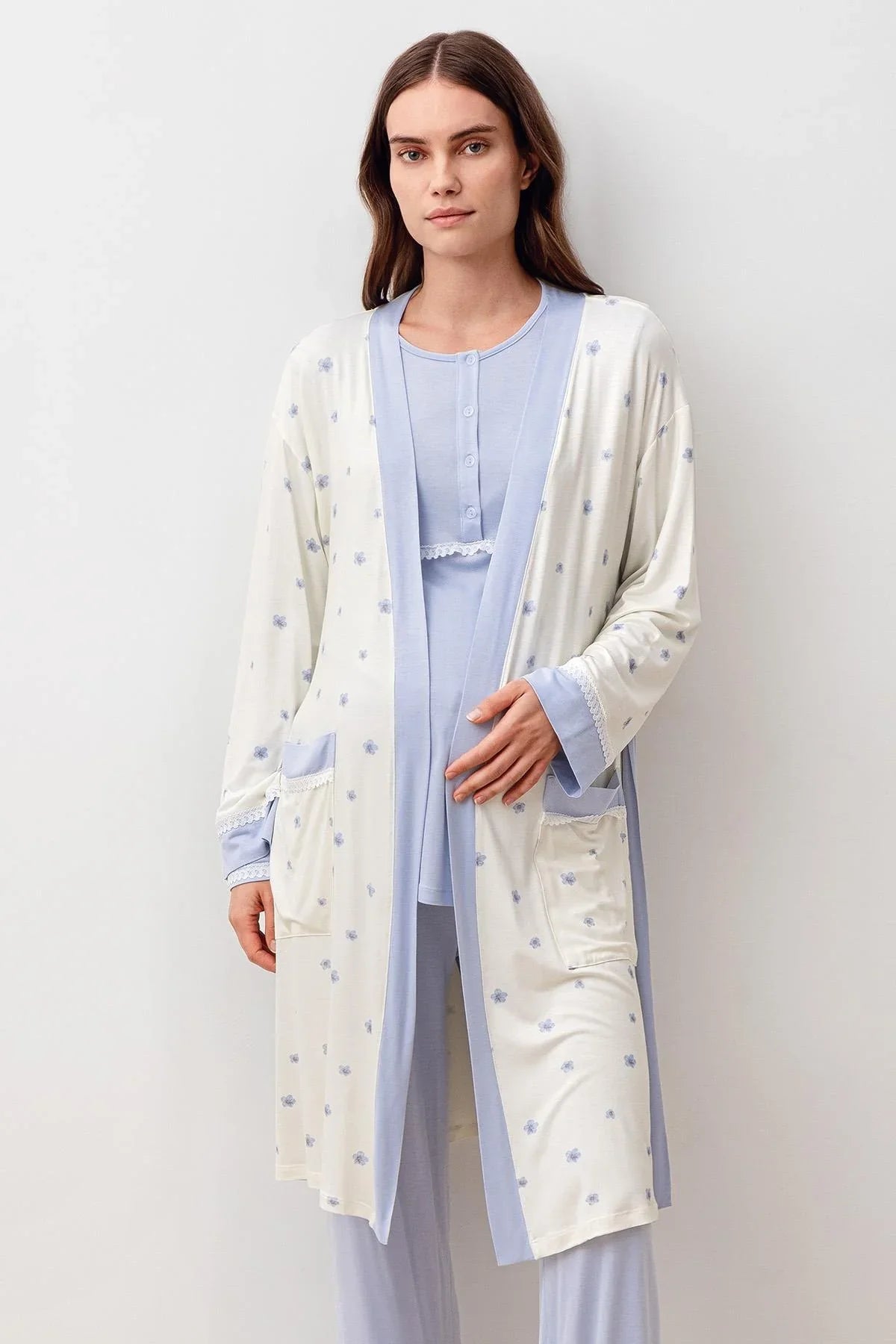 Uzun Kollu Düğmeli Desenli Likralı Viskoz Hamile Sabahlık Pijama Takım 20300 - Artış Collection