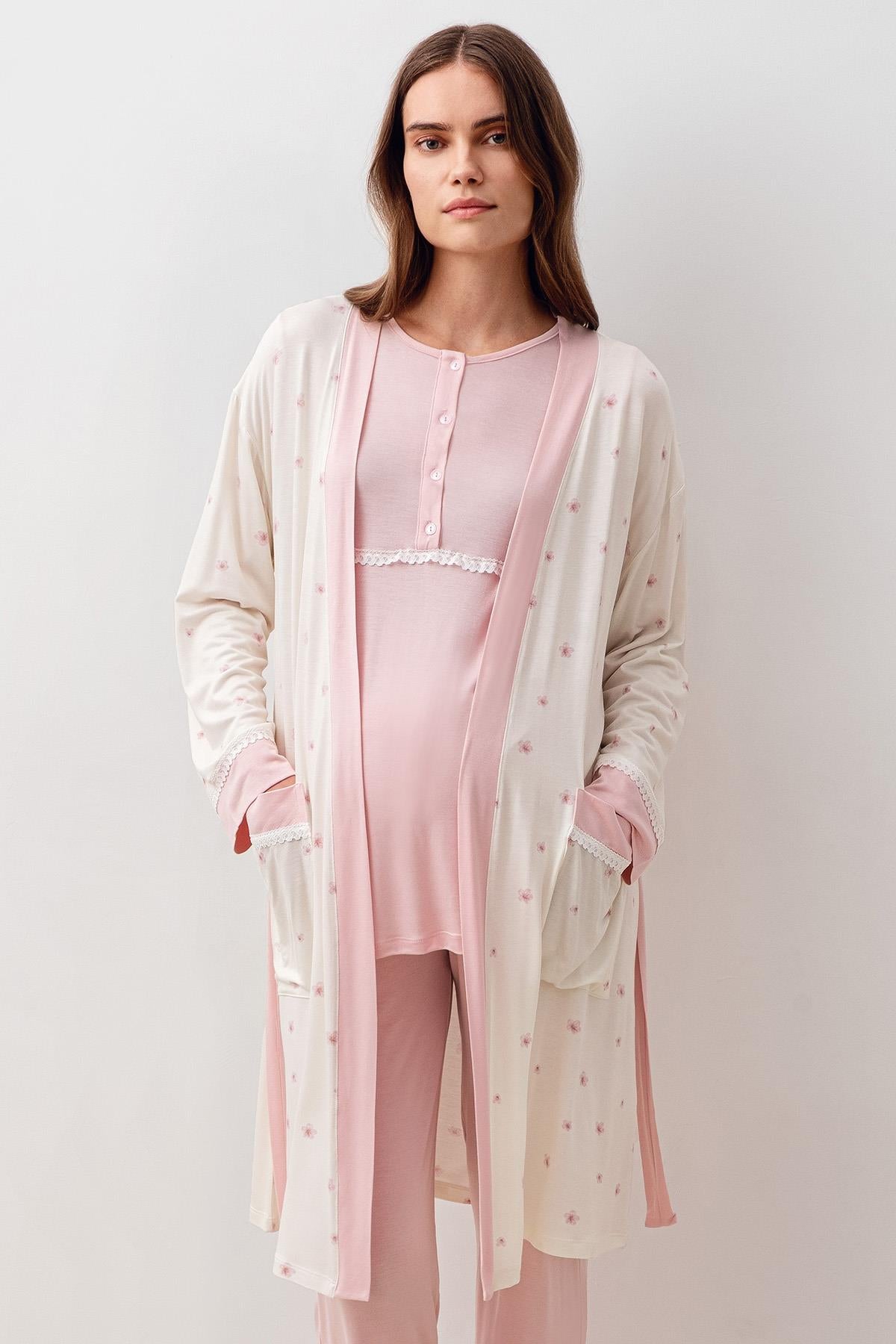 Uzun Kollu Desenli Likralı Viskoz Hamile Sabahlık Pijama Takım 20300