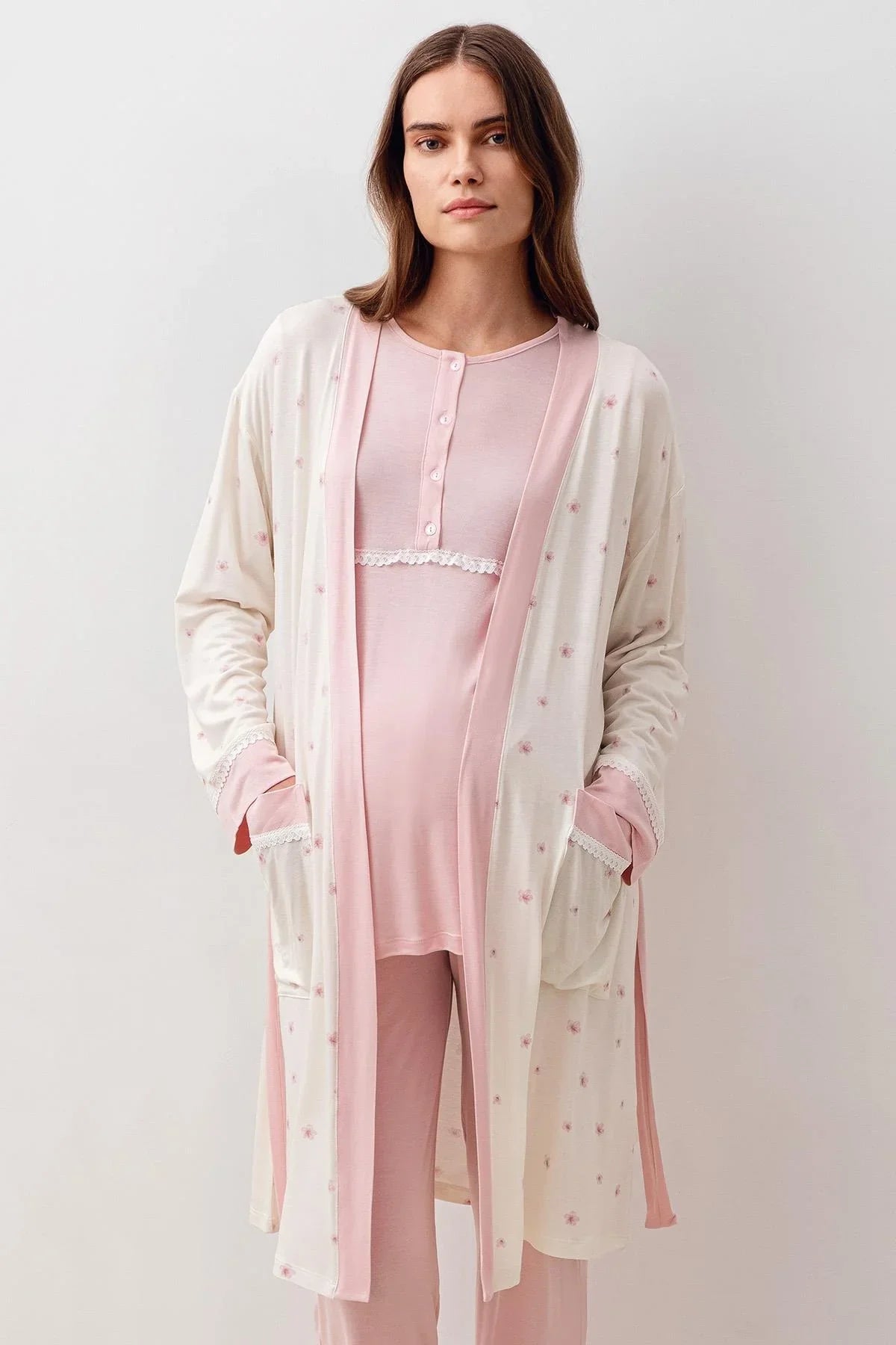 Uzun Kollu Düğmeli Desenli Likralı Viskoz Hamile Sabahlık Pijama Takım 20300 - Artış Collection