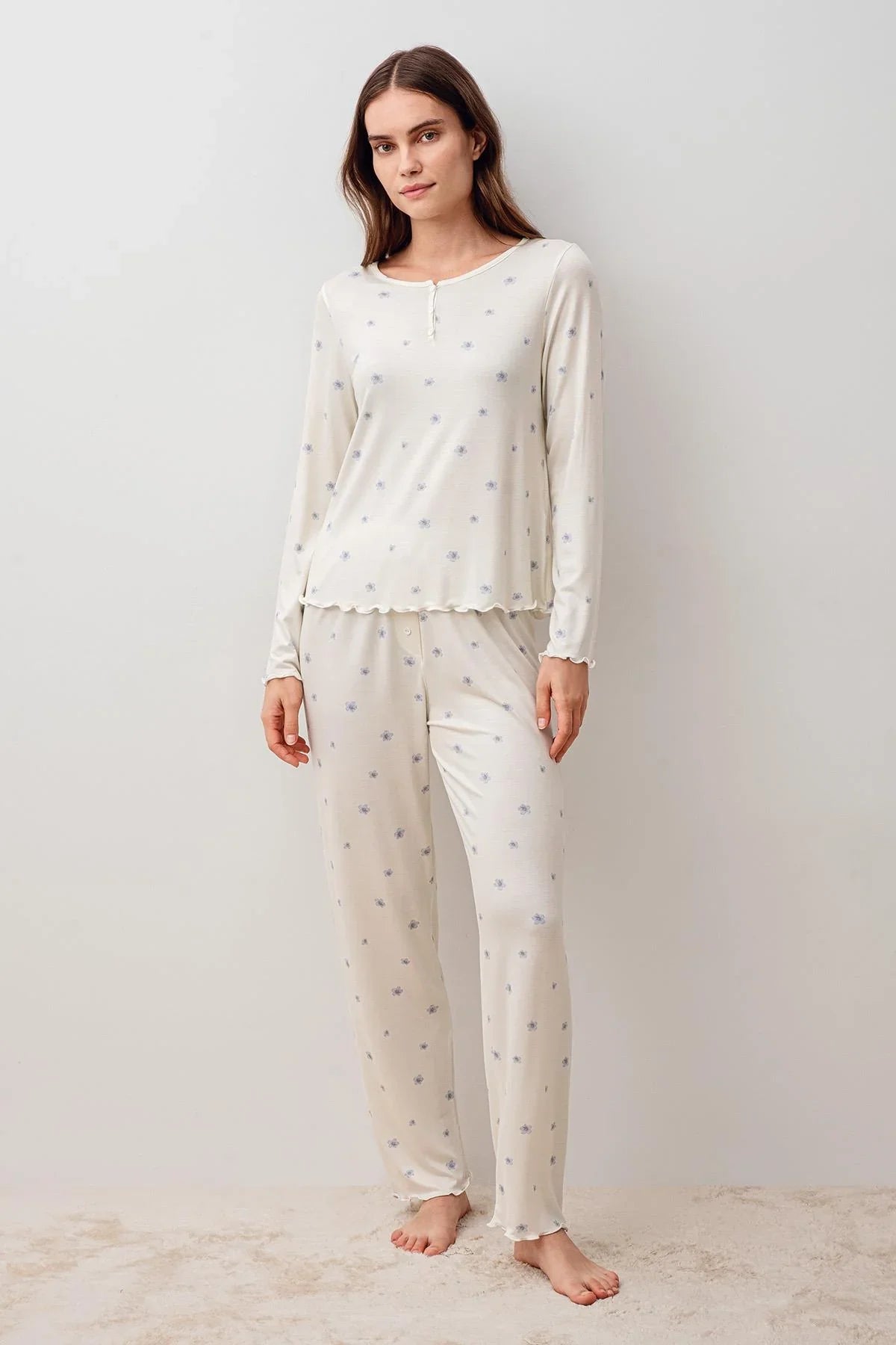 Uzun Kollu Düğmeli Desenli Likralı Viskoz Pijama Takım 20200 - Artış Collection