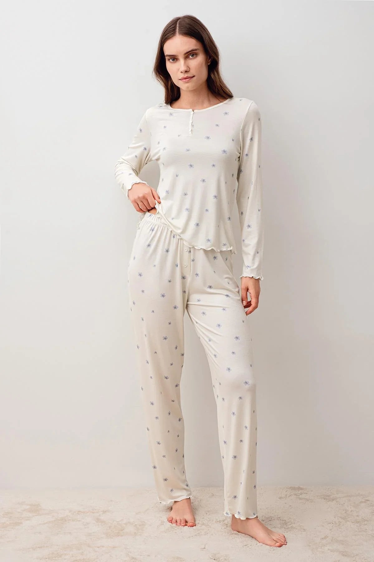 Uzun Kollu Düğmeli Desenli Likralı Viskoz Pijama Takım 20200 - Artış Collection