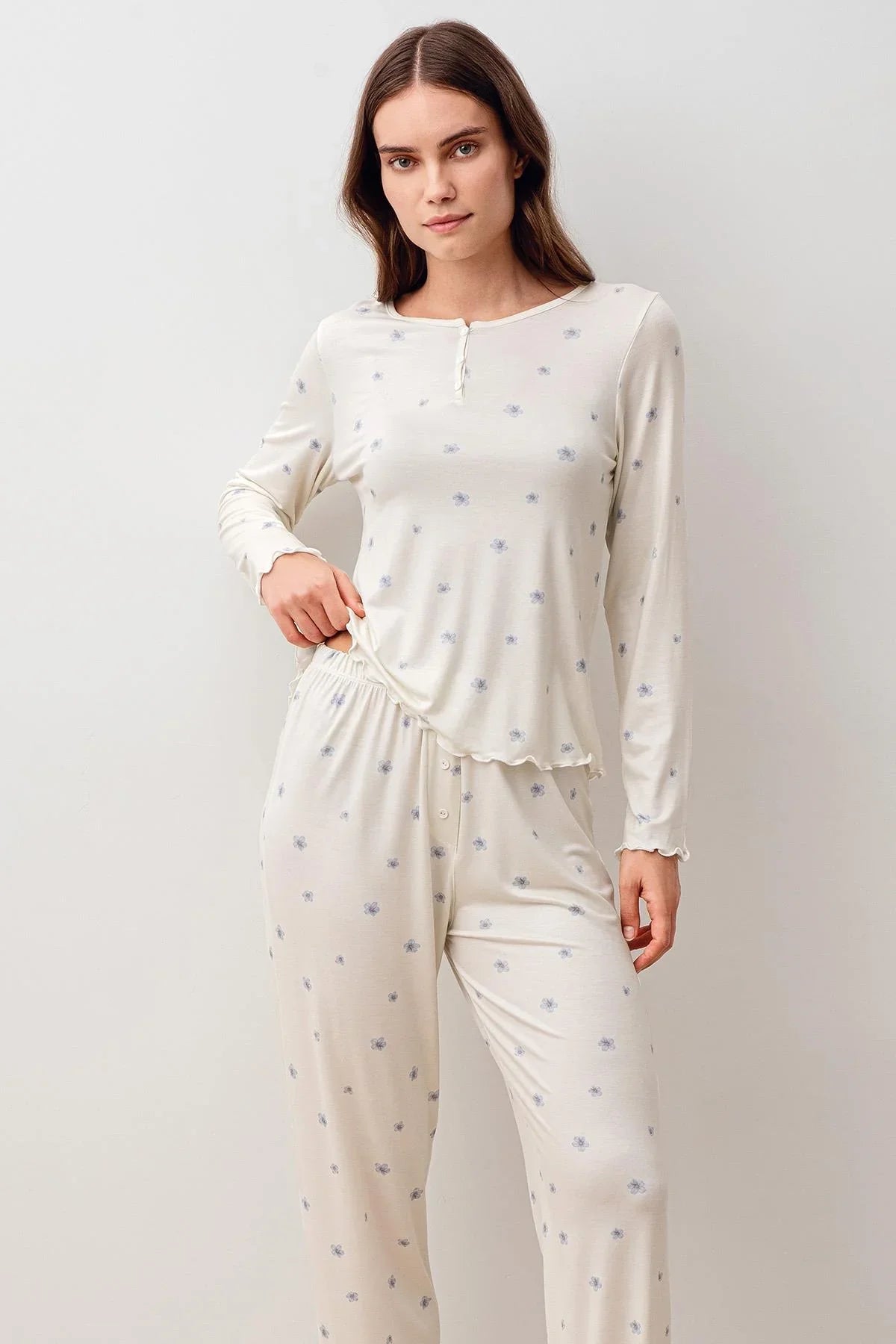 Uzun Kollu Düğmeli Desenli Likralı Viskoz Pijama Takım 20200 - Artış Collection