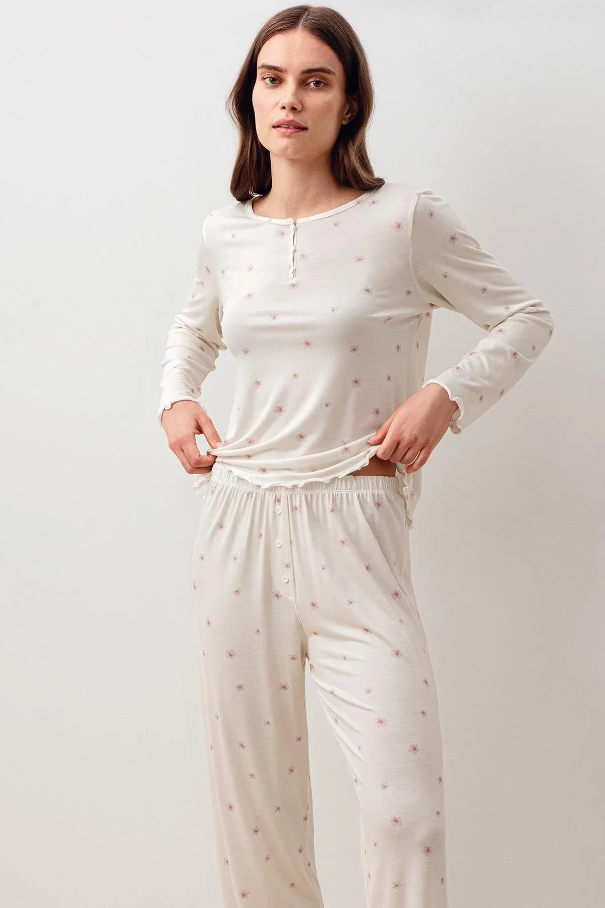 Uzun Kollu Düğmeli Desenli Likralı Viskoz Pijama Takım 20200 - Artış Collection
