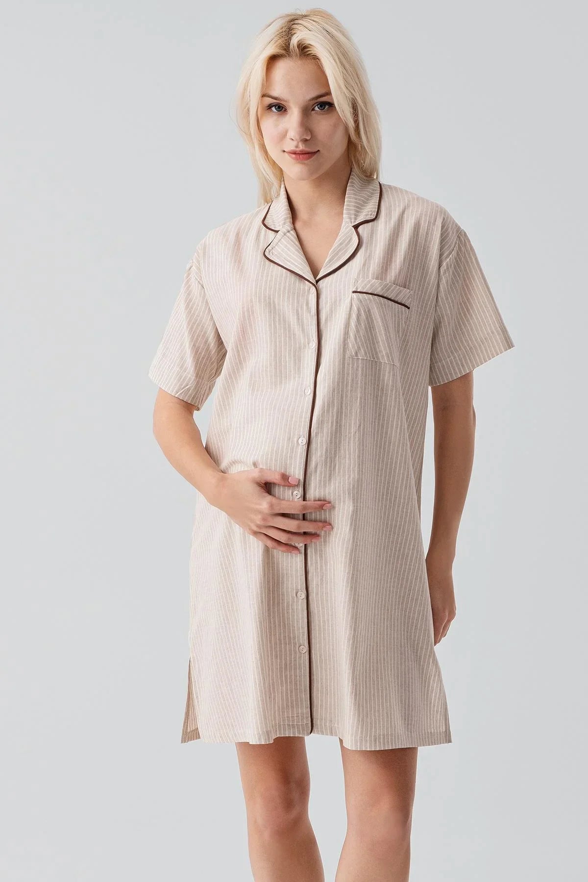 Kısa Kollu Çizgili Düğmeli Dokuma %100 Pamuk Pamuk Gecelik 19108