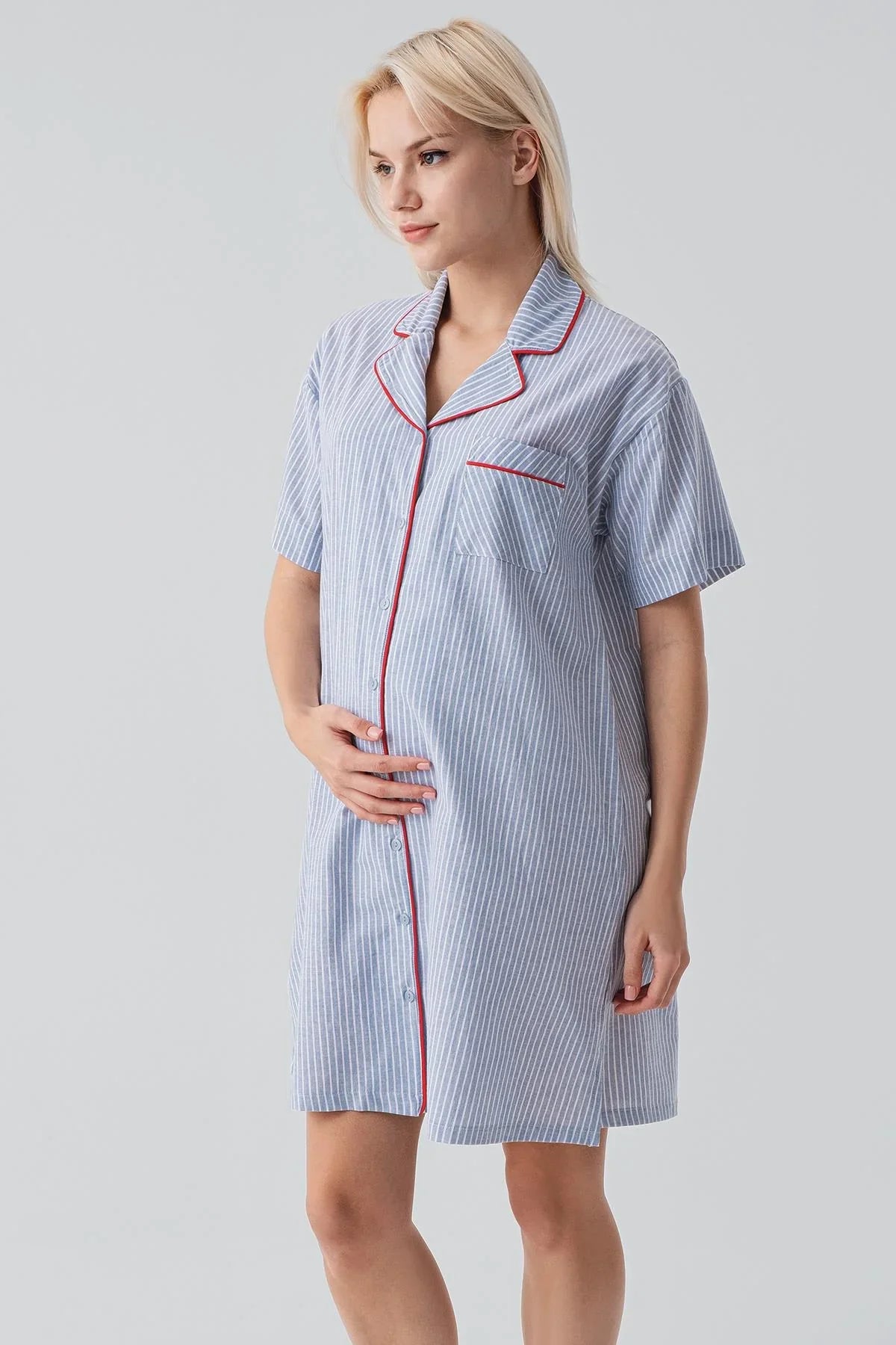 Kısa Kollu Çizgili Düğmeli Dokuma %100 Pamuk Pamuk Gecelik 19108