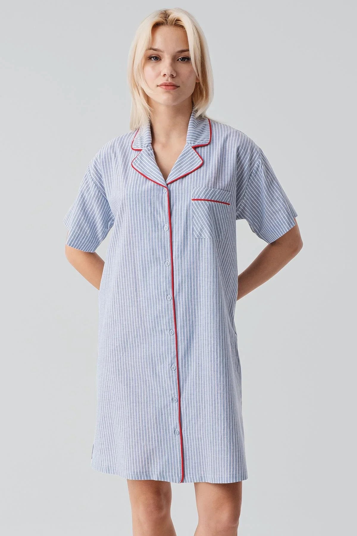 Short Sleeve Striped Buttoned Woven 100% Cotton Nightgown 19108