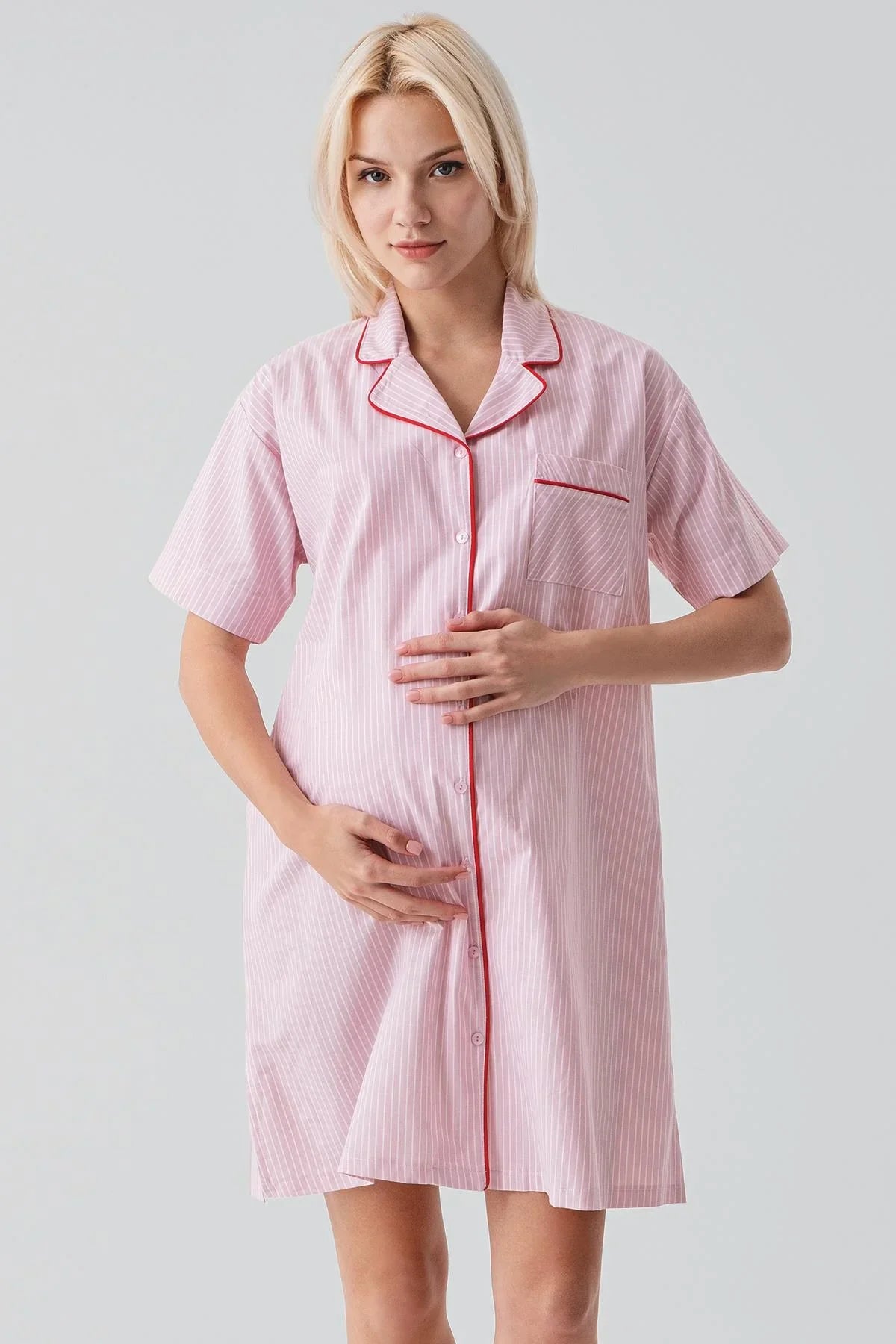 Kısa Kollu Çizgili Düğmeli Dokuma %100 Pamuk Pamuk Gecelik 19108