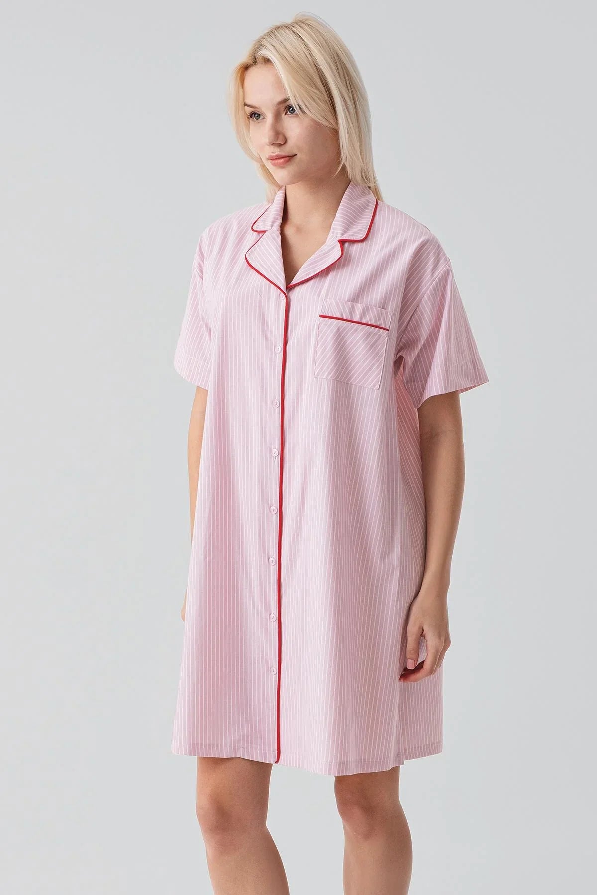 Kısa Kollu Çizgili Düğmeli Dokuma %100 Pamuk Pamuk Gecelik 19108
