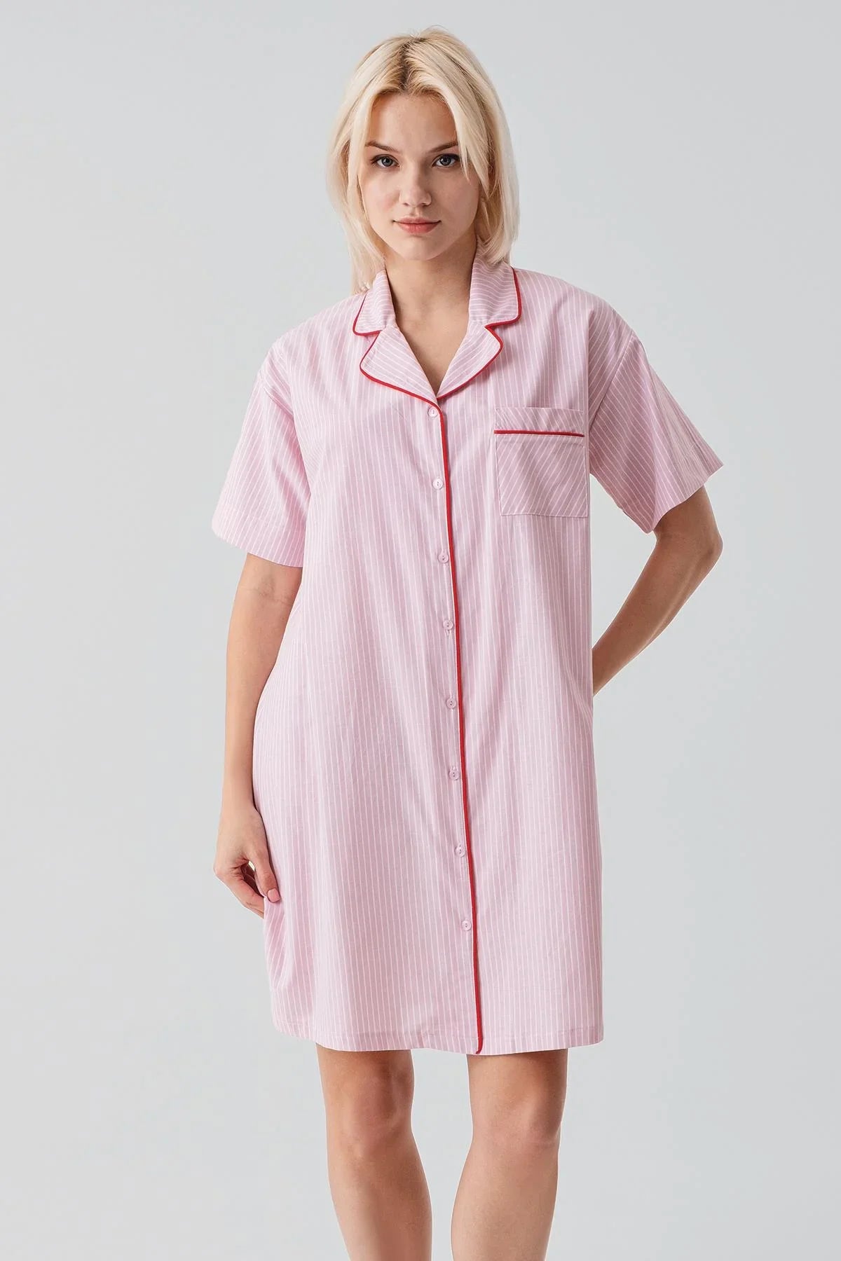 Kısa Kollu Çizgili Düğmeli Dokuma %100 Pamuk Pamuk Gecelik 19108