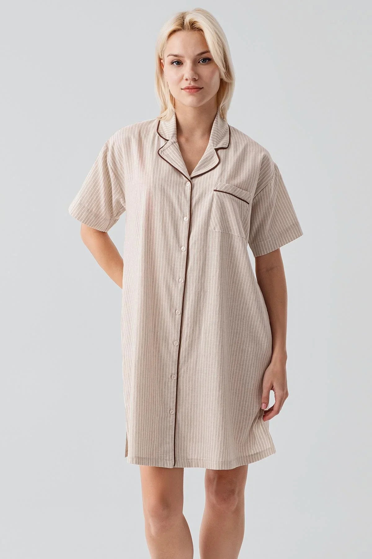 Short Sleeve Striped Buttoned Woven 100% Cotton Nightgown 19108