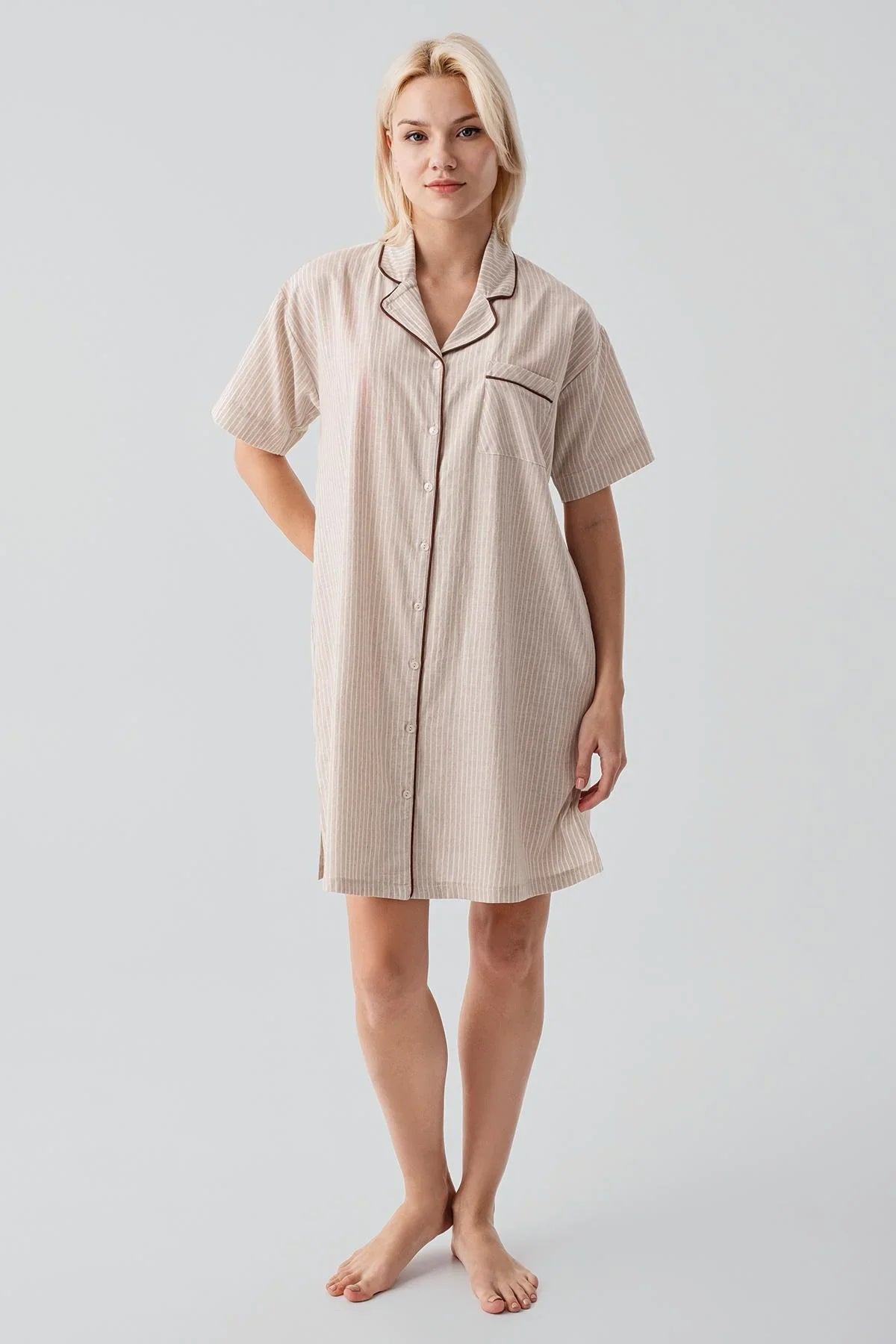 Kısa Kollu Çizgili Düğmeli Dokuma %100 Pamuk Pamuk Gecelik 19108