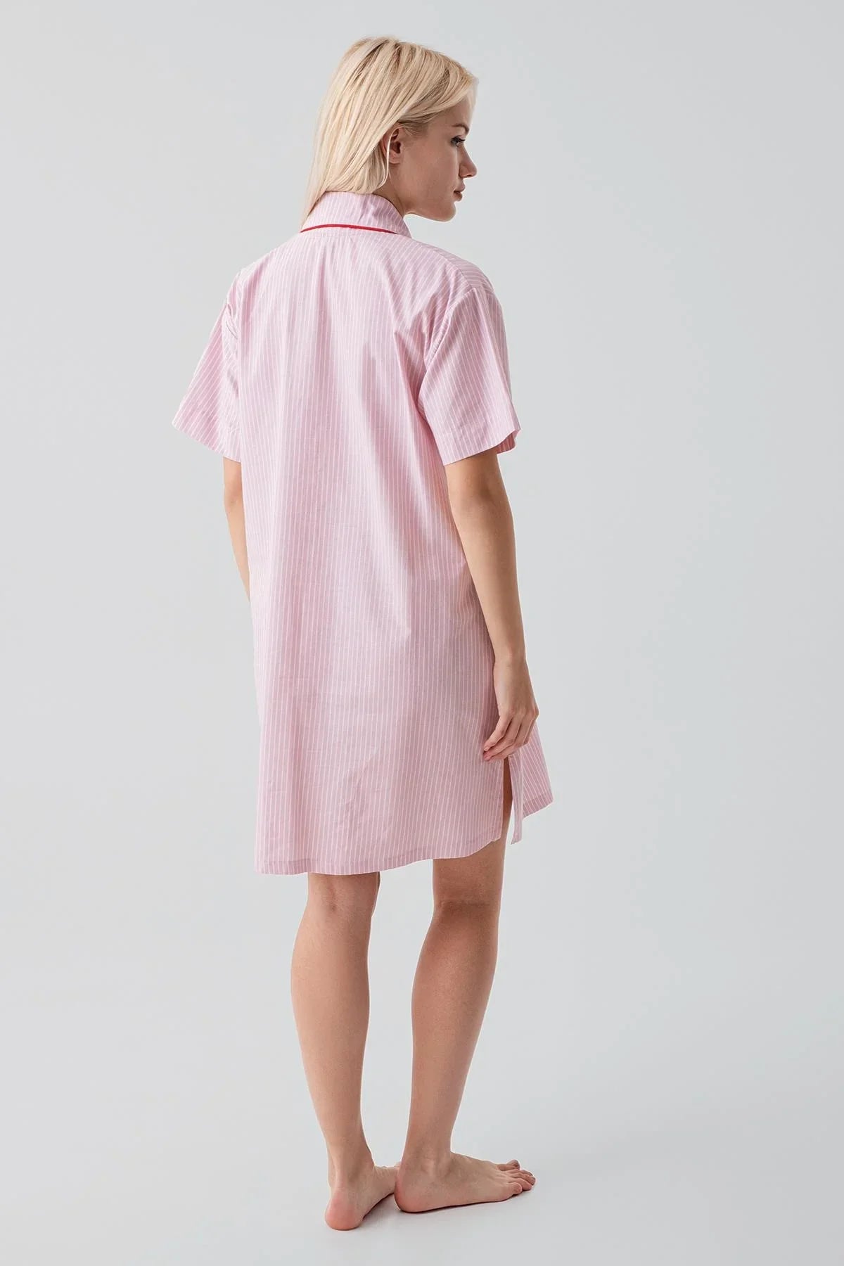 Kısa Kollu Çizgili Düğmeli Dokuma %100 Pamuk Pamuk Gecelik 19108