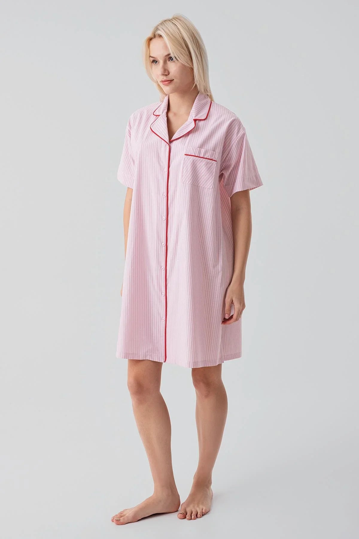 Short Sleeve Striped Buttoned Woven 100% Cotton Nightgown 19108